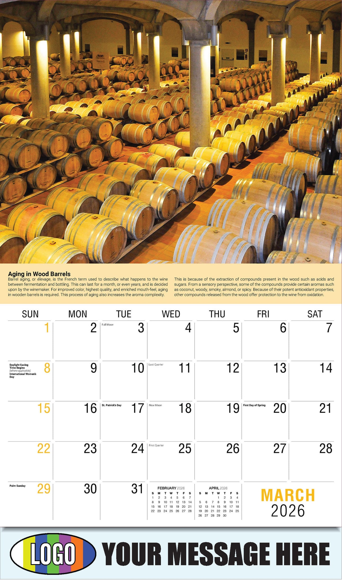 2026 Business Promotional Calendar - Vintages: Wine Tips - Aging in Wood Barrels - March