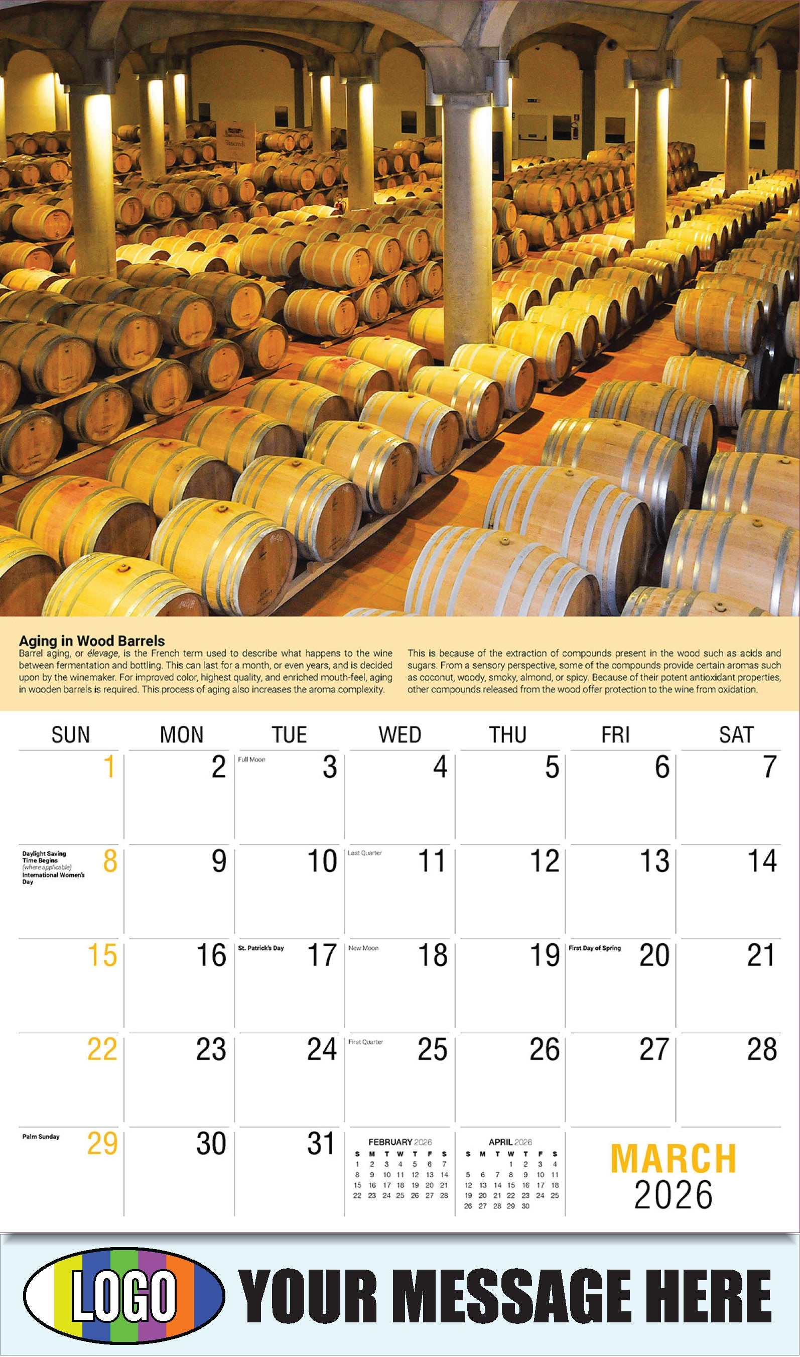2026 Business Promotional Calendar - Vintages: Wine Tips - Aging in Wood Barrels - March