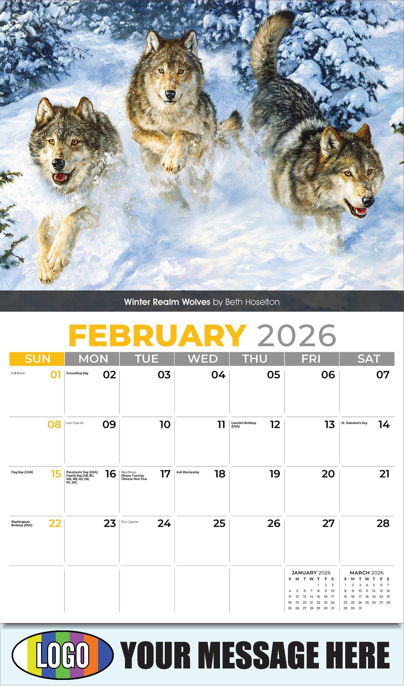 2026 Business Promotional Calendar - Wildlife Art - Winter Realm Wolves by Beth Hoselton - February