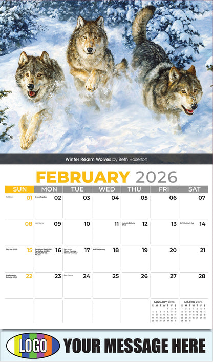 2026 Business Promotional Calendar - Wildlife Art - Winter Realm Wolves by Beth Hoselton - February
