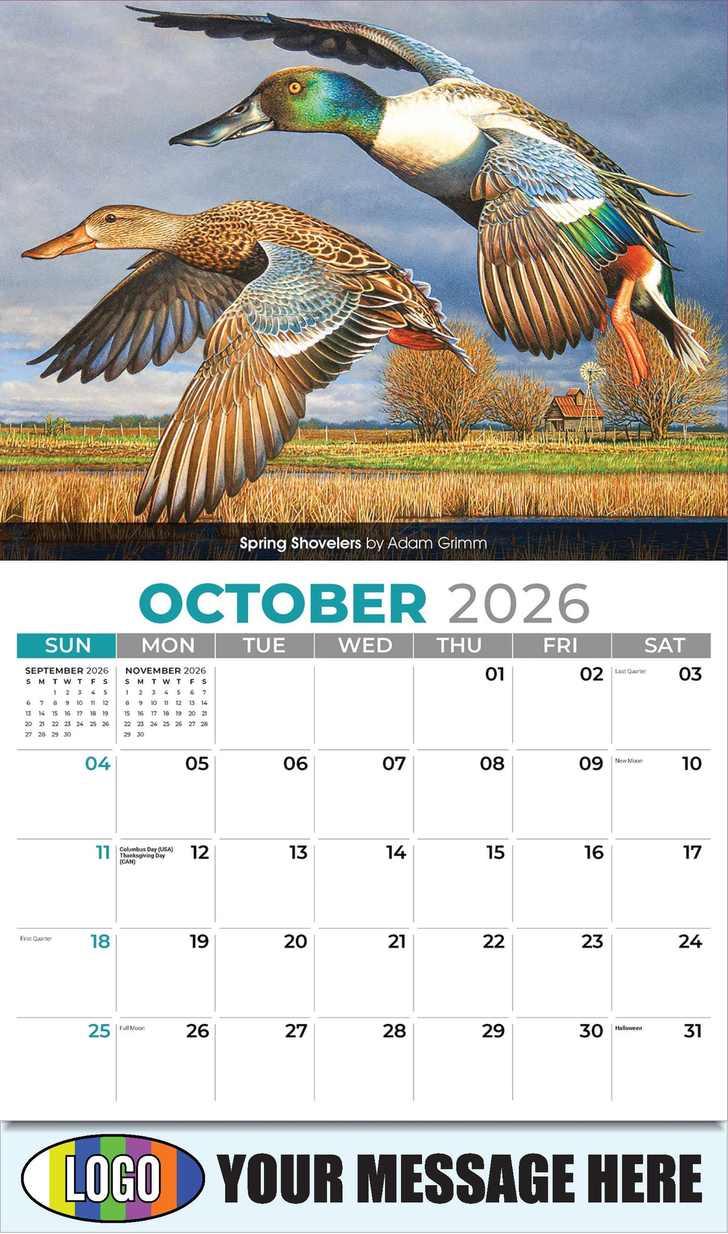 2026 Business Promotion Calendar - Wildlife Art - Spring Shovelers by Adam Grimm - October