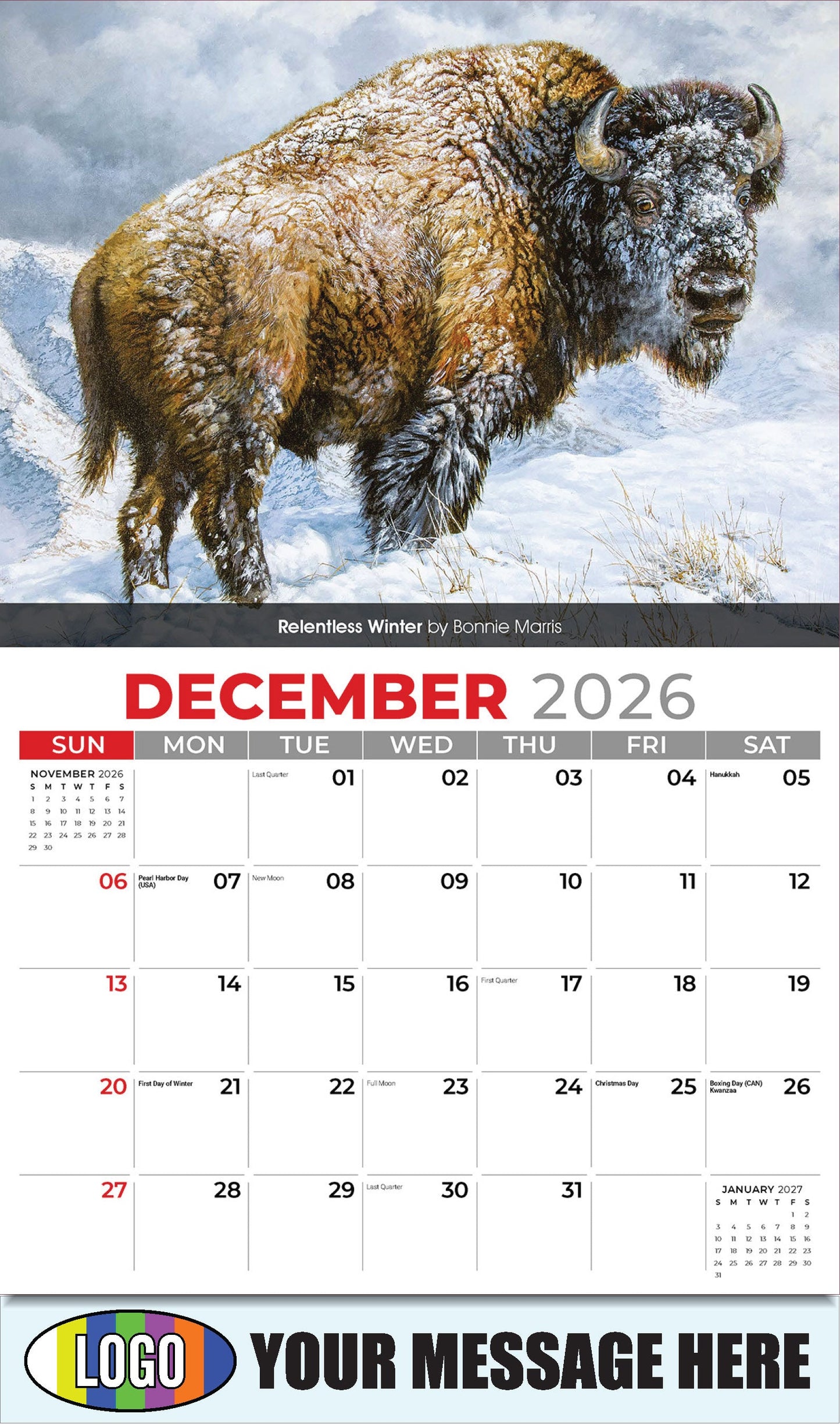 2026 Business Promotion Calendar - Wildlife Art - Relentless Winter by Bonnie Marris - December