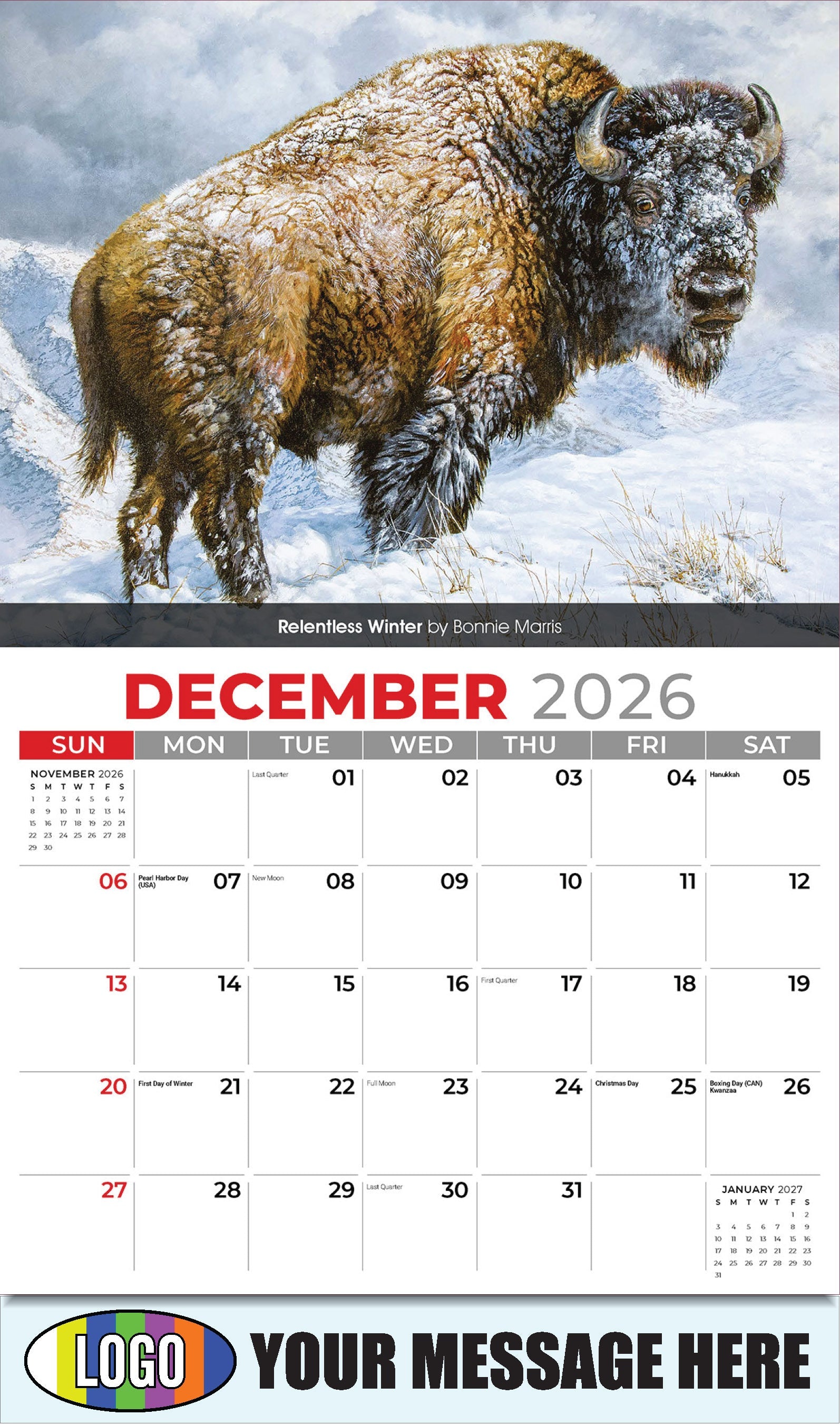 2026 Business Promotion Calendar - Wildlife Art - Relentless Winter by Bonnie Marris - December