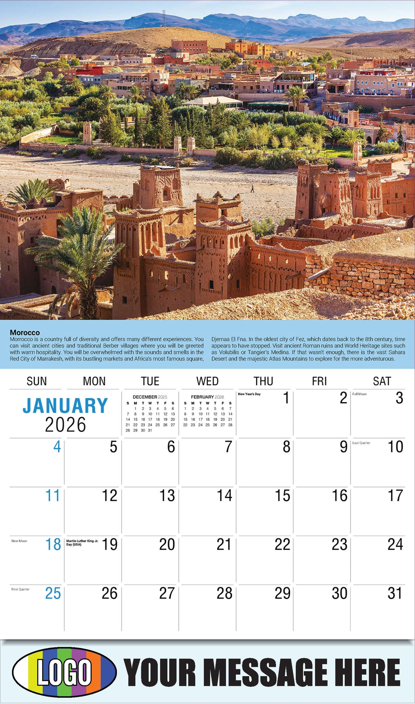 2026 Business Promotional Calendar - World Travel Destinations  - January - Morocco