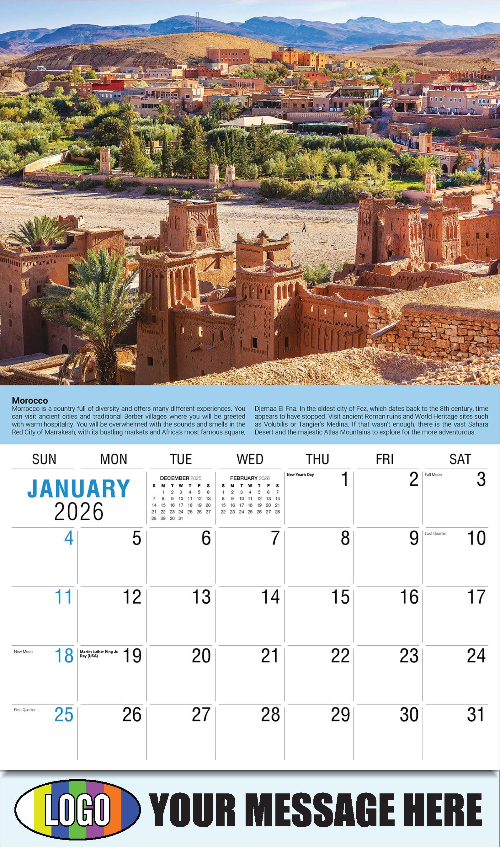 2026 Business Promotional Calendar - World Travel Destinations  - January - Morocco