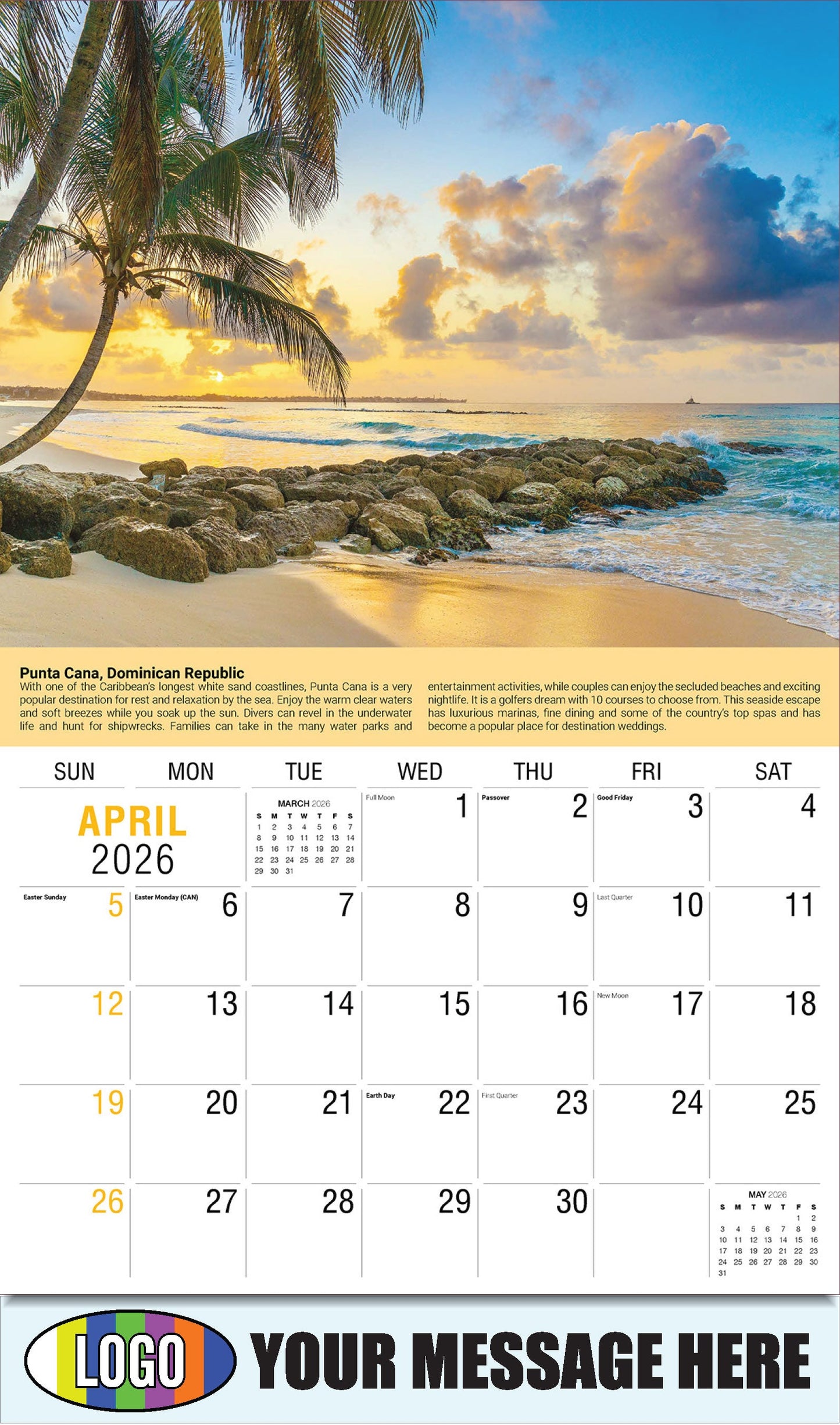2026 Business Advertising Calendar - World Travel Destinations  - April - Punta Cana, Dominican Republic 