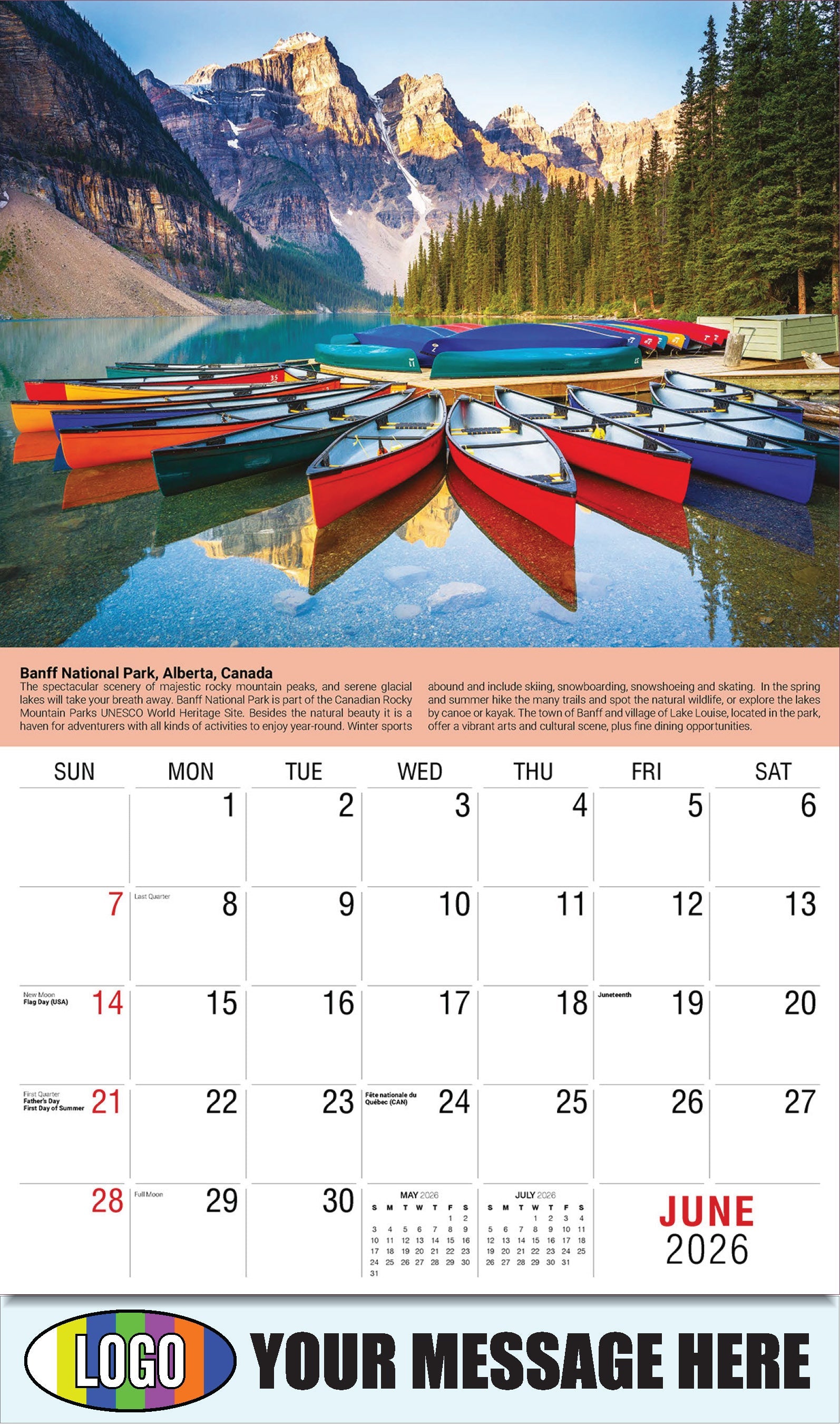 2026 Business Advertising Calendar - World Travel Destinations  - June - Banff National Park, Alberta, Canada