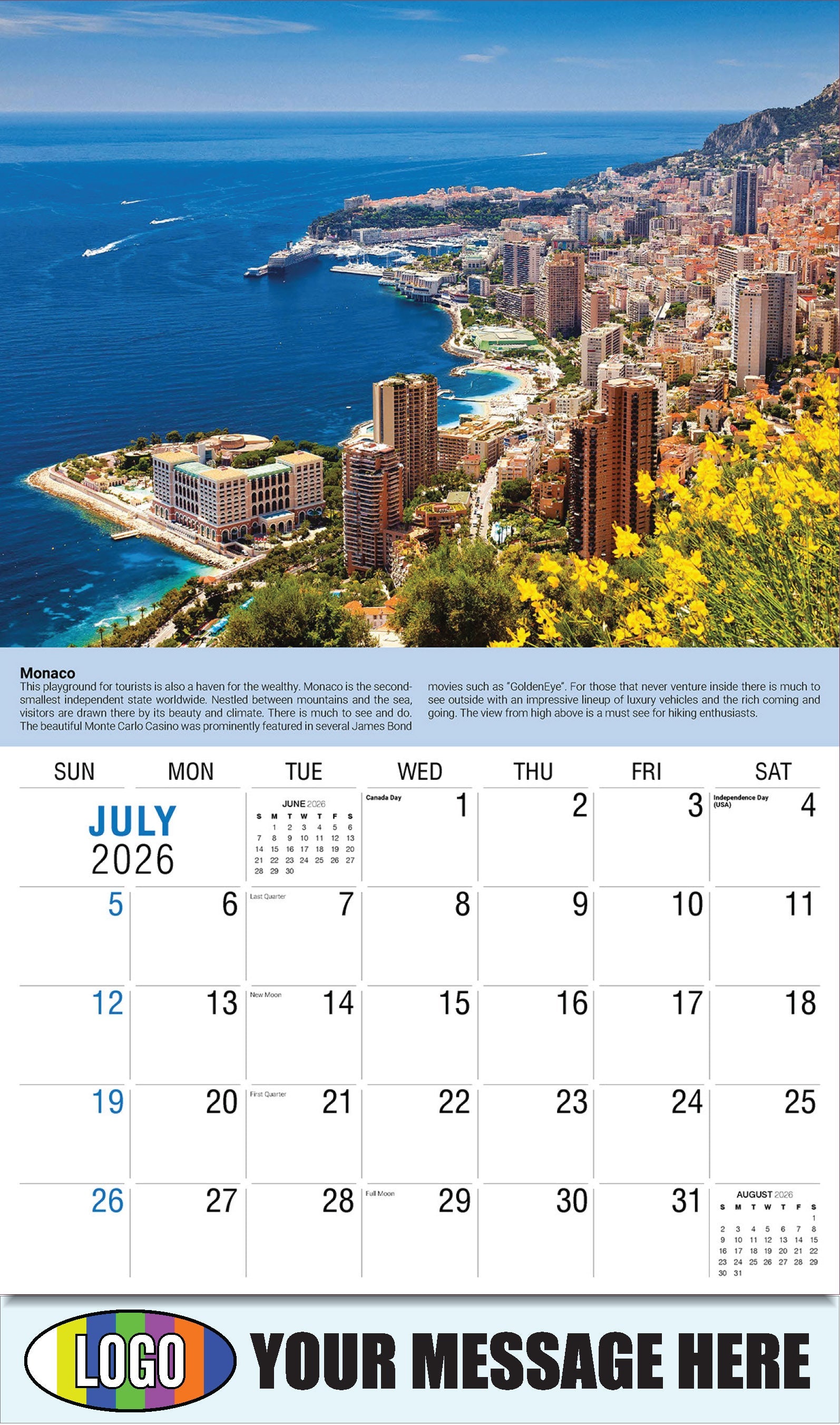2026 Business Promo Calendar - World Travel Destinations  - July - Monaco