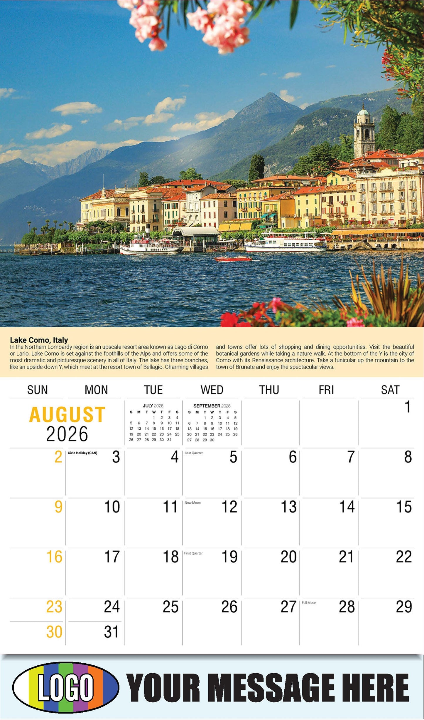 2026 Business Promo Calendar - World Travel Destinations  - August - Lake Como, Italy 