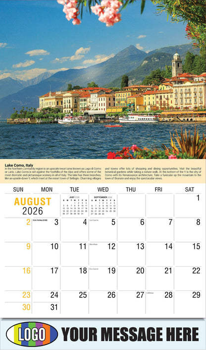 2026 Business Promo Calendar - World Travel Destinations  - August - Lake Como, Italy 