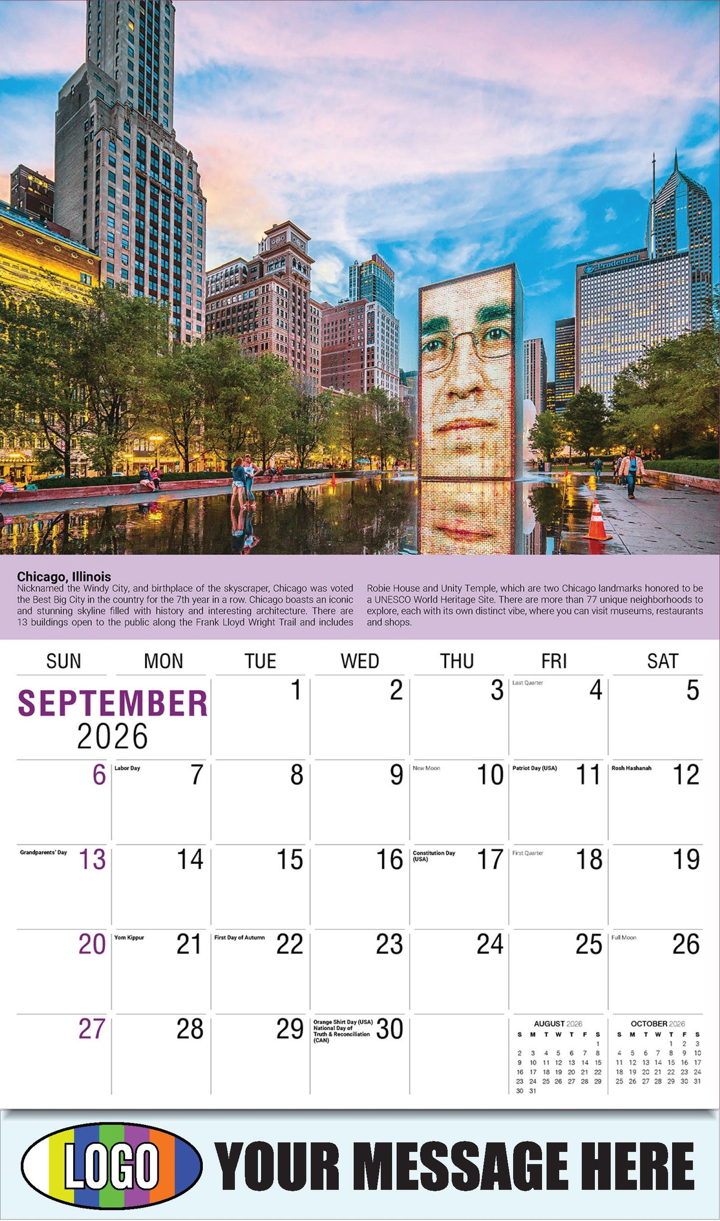 2026 Business Promo Calendar - World Travel Destinations  - September - Chicago, Illinois 
