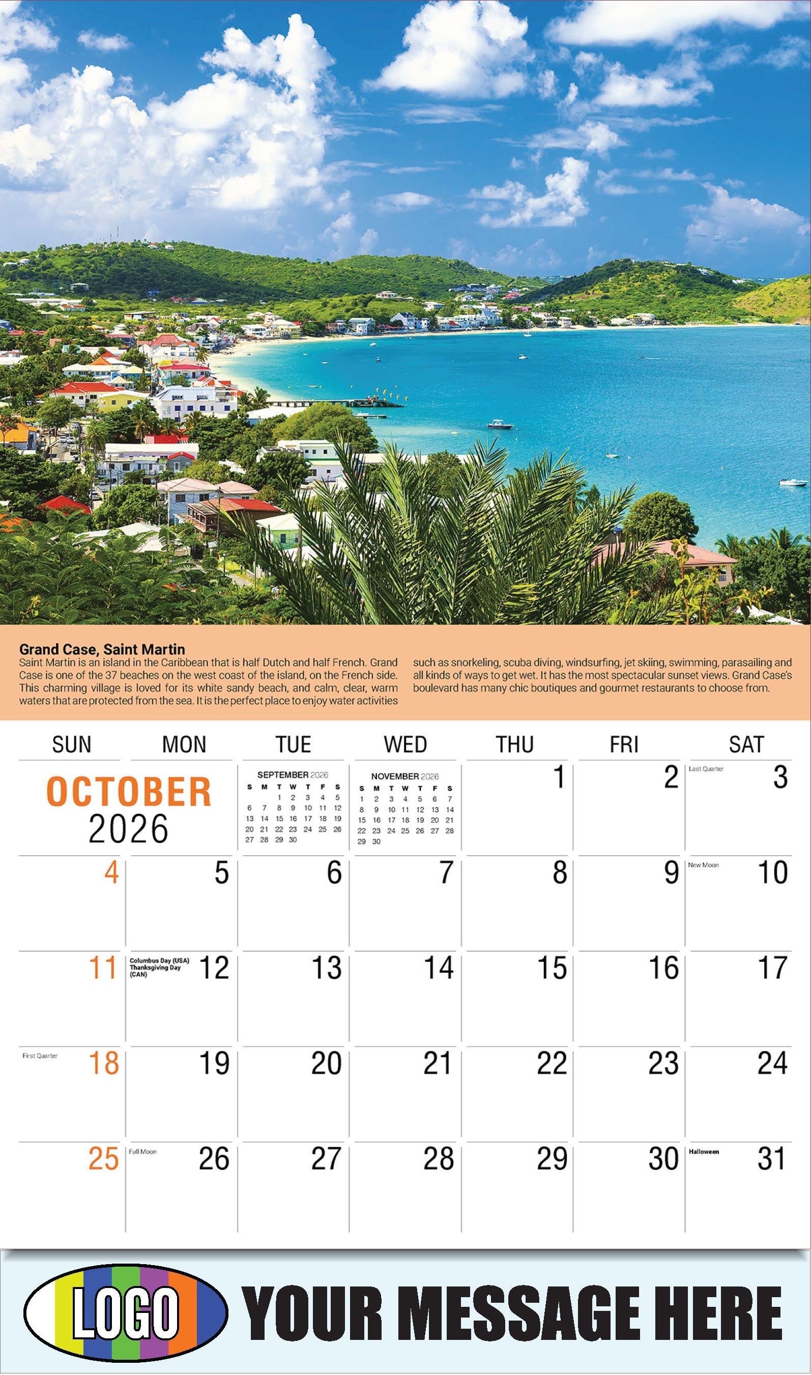 2026 Business Promotion Calendar - World Travel Destinations  - October - Grand Case, Saint Martin