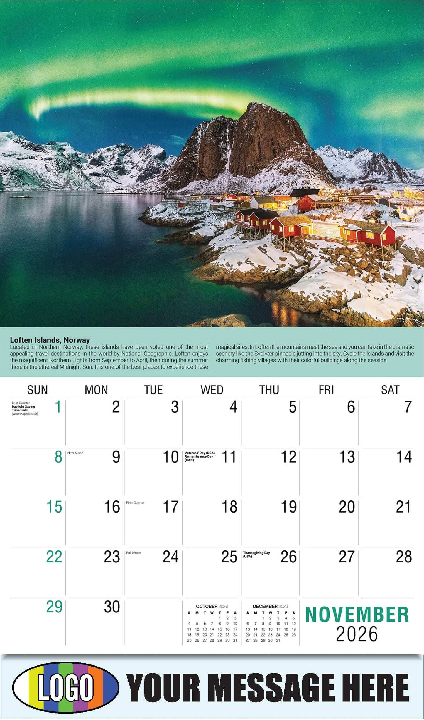 2026 Business Promotion Calendar - World Travel Destinations  - November - Loften Islands, Norway 