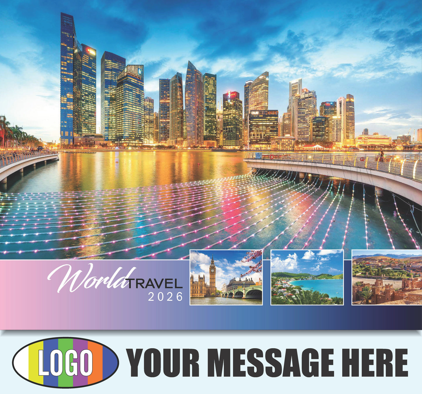 2026 Business Promotion Calendar - World Travel Destinations - Printed with your Logo, Name and message