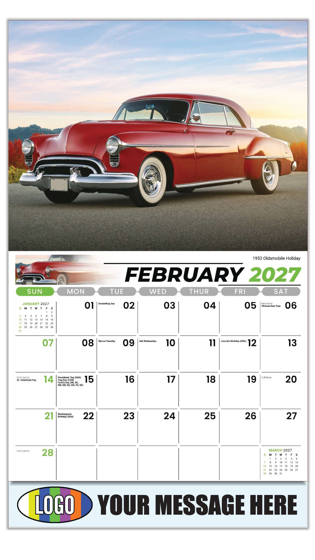 2027 Business Promotional Calendar - GM Classics - 1950 Oldsmobile Holiday - February