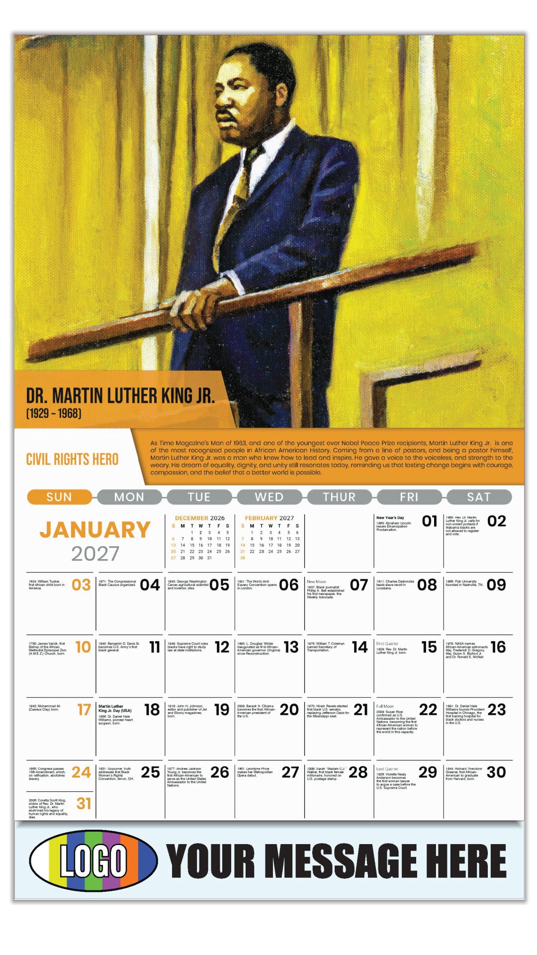 2027 Business Promotional Calendar - Black History - Martin Luther King Jr. By Colin Bootman - January