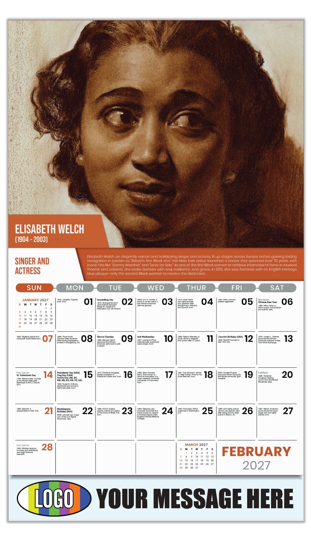 2027 Business Promotional Calendar - Black History - Elisabeth Welch by Brockhurst, Gerald Leslie - February