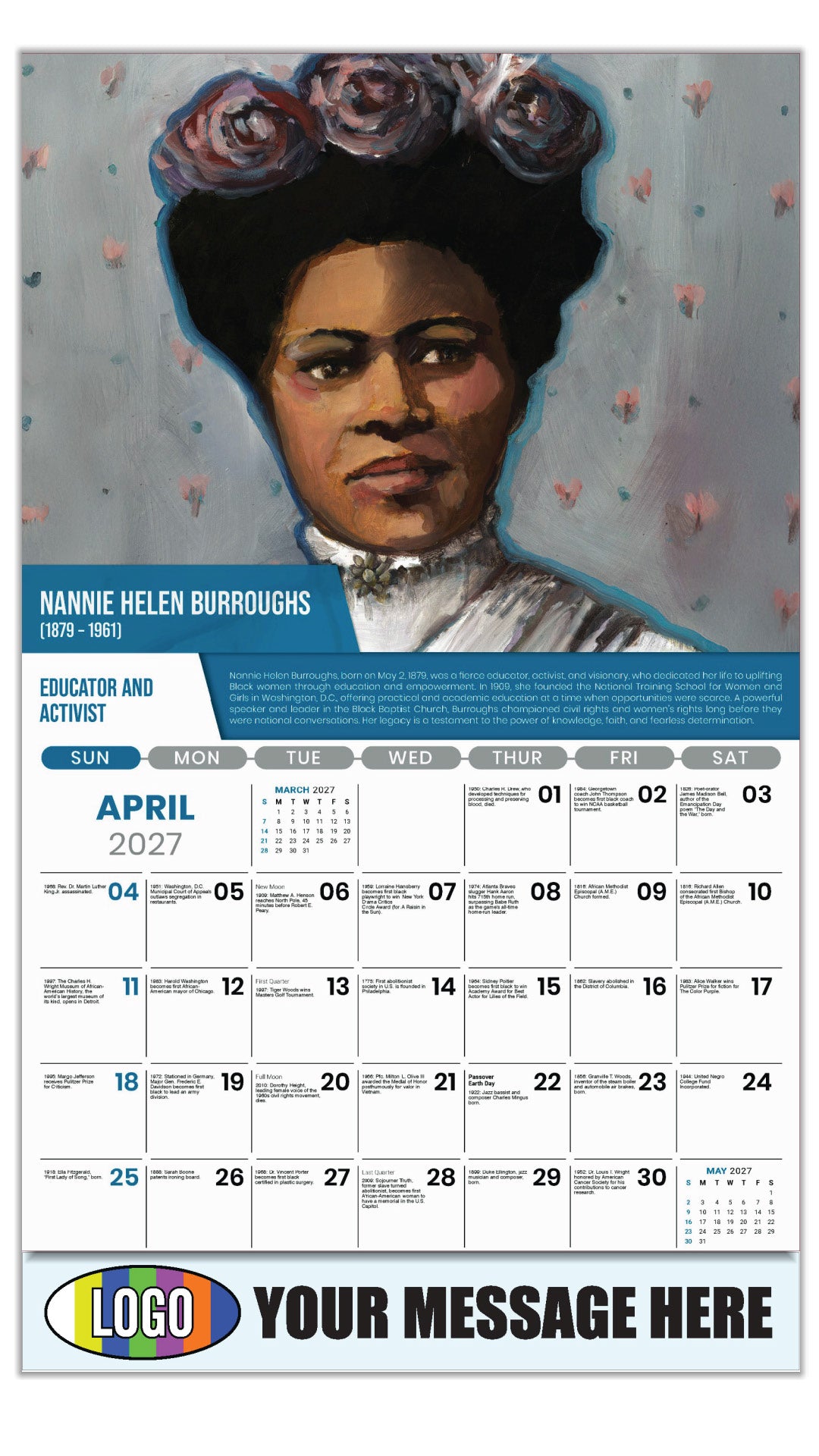 2027 Business Advertising Calendar - Black History - Nannie Helen Burroughs by Allison Adams - April