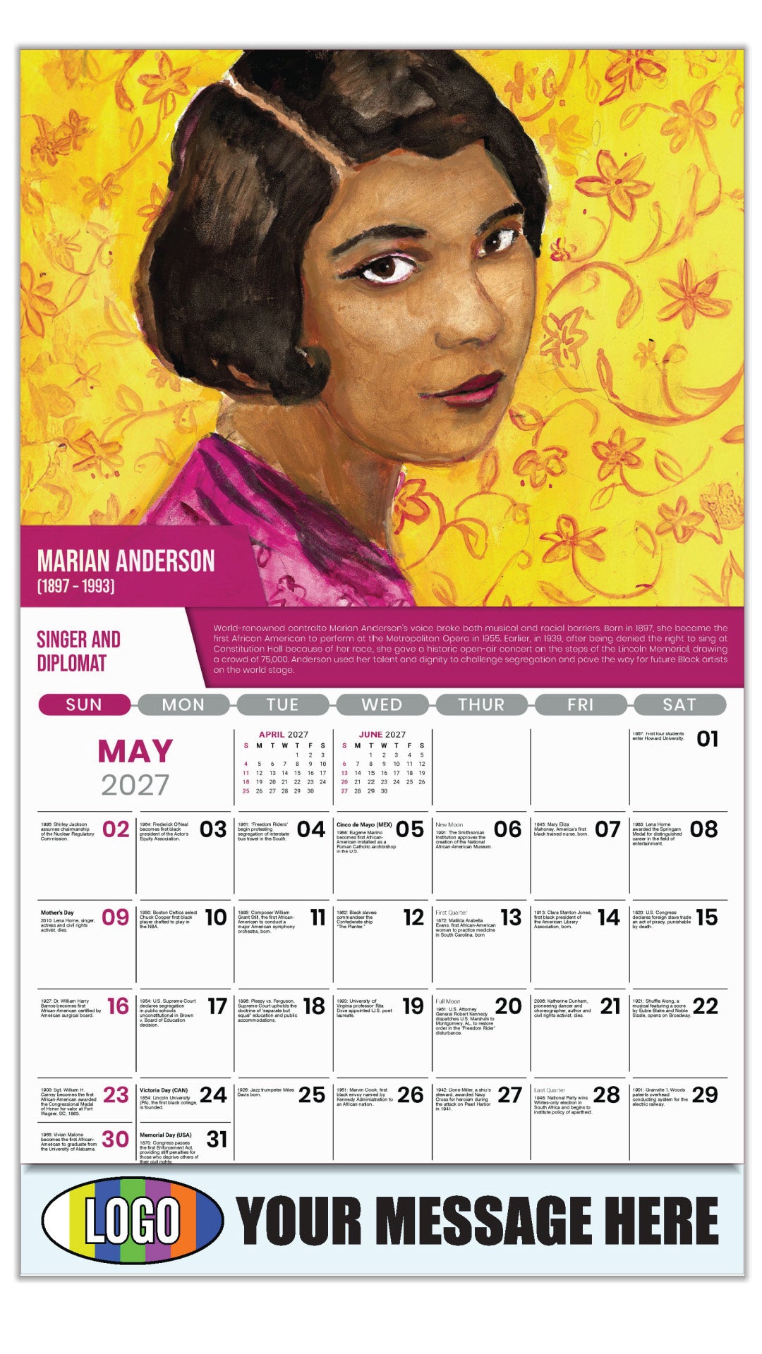 2027 Business Advertising Calendar - Black History - Marian Anderson by Allison Adams - May