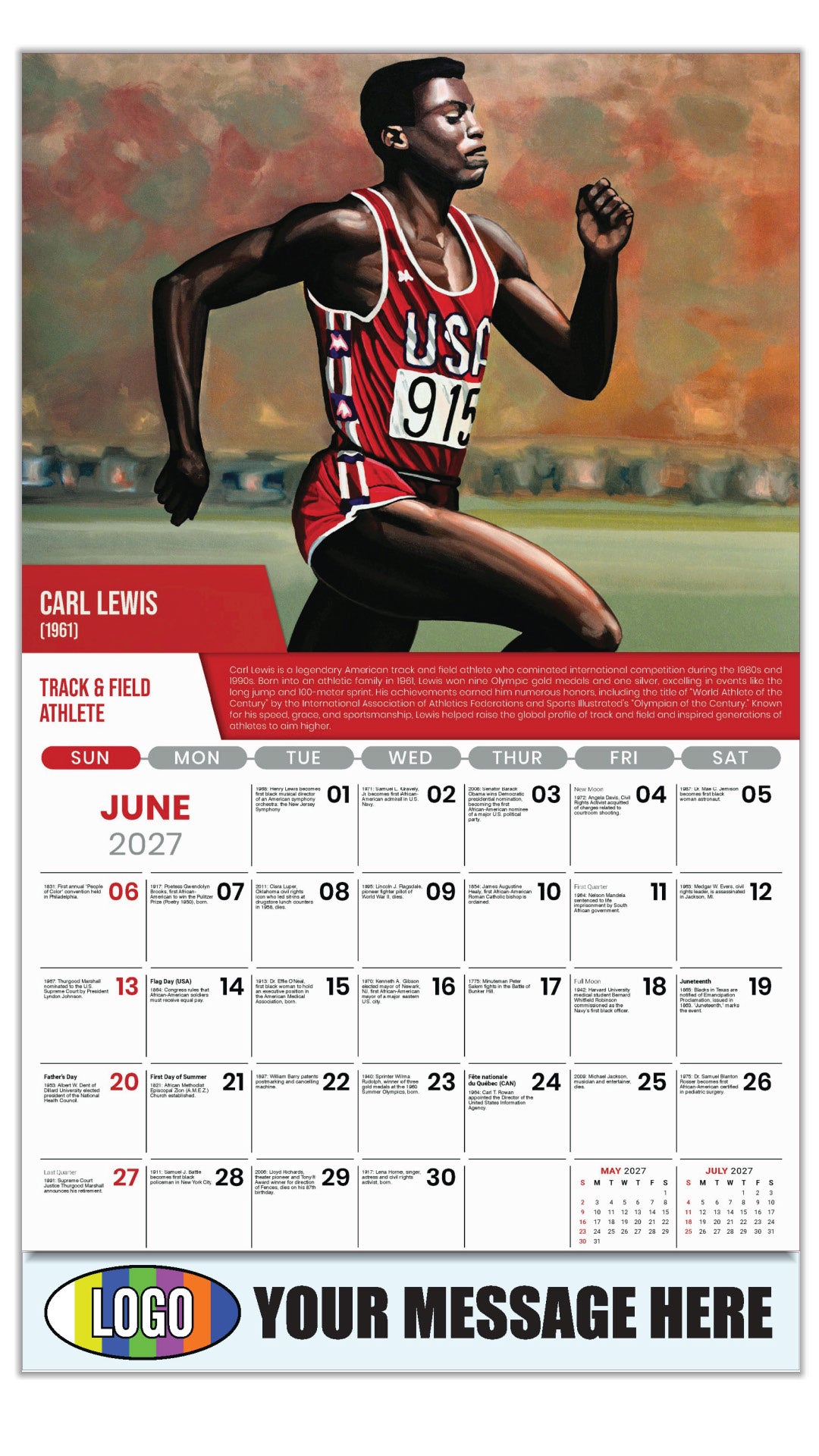 2027 Business Advertising Calendar - Black History - Carl Lewis by Paul Meijering - June
