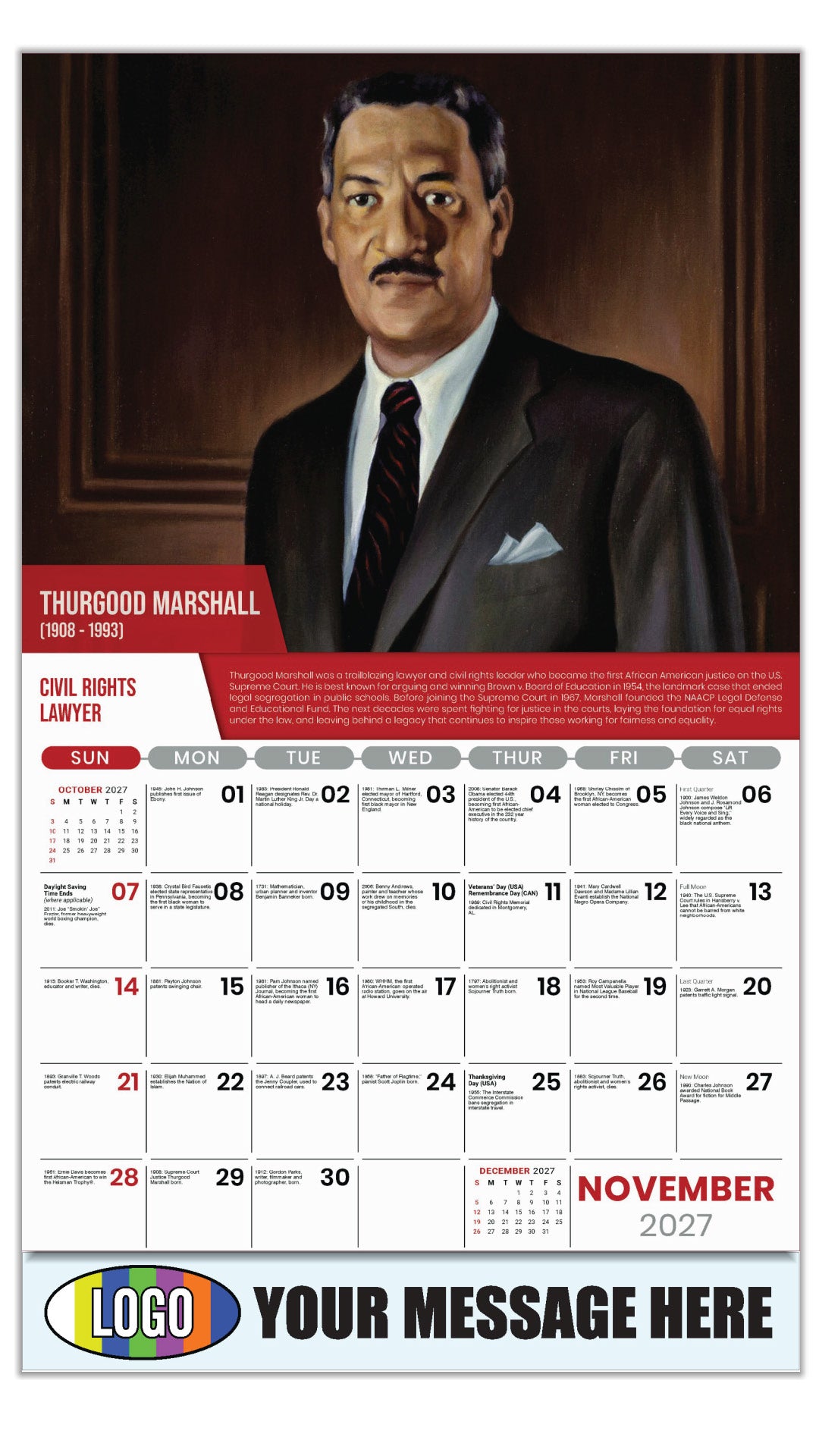 2027 Business Promotion Calendar - Black History - Thurgood Marshall by Betsy Graves Reyneau - November