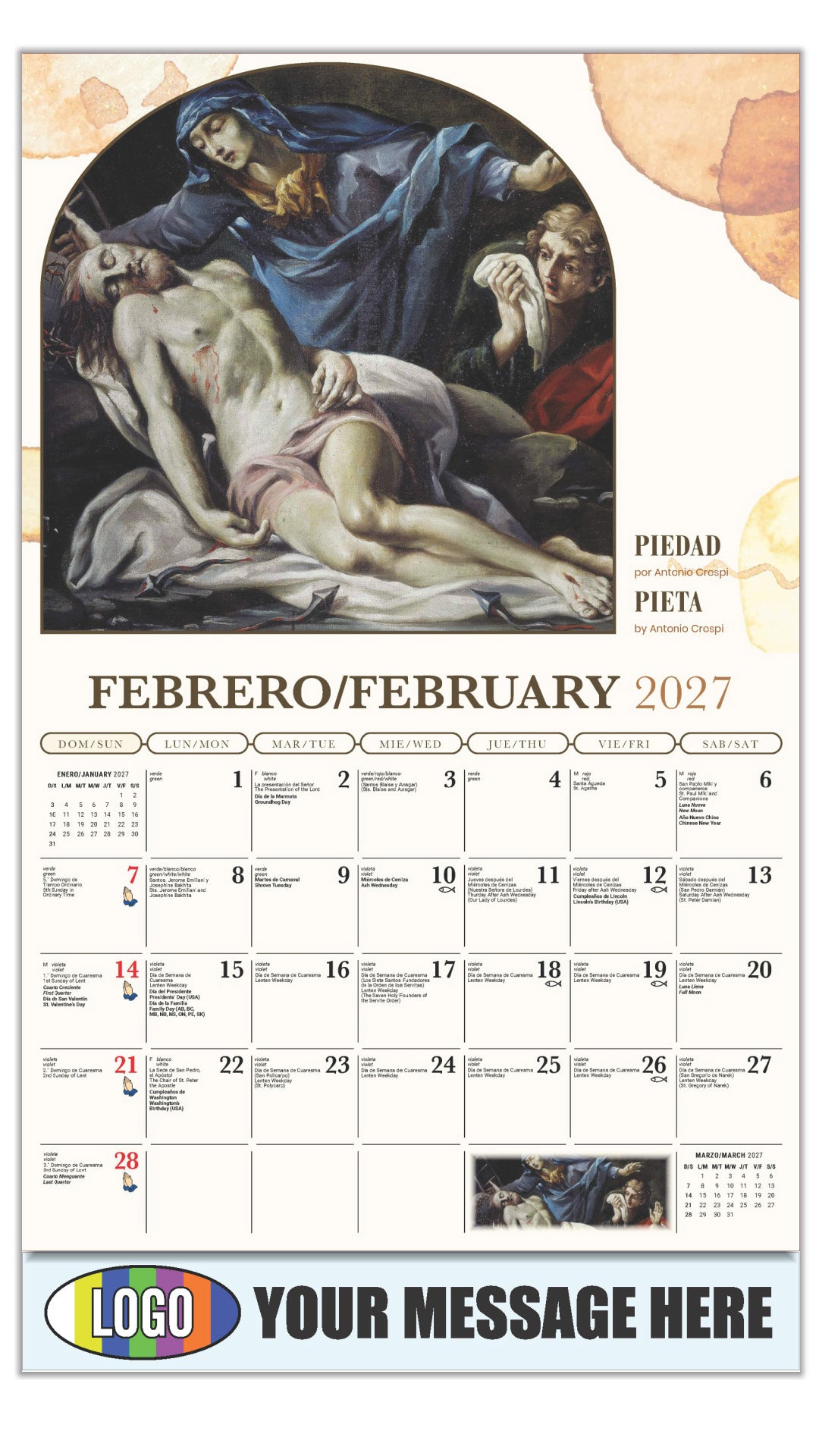 2027 Business Promotional Calendar - Catholic Inspirations bilingual - Piedad por Antonio Crespi - February
