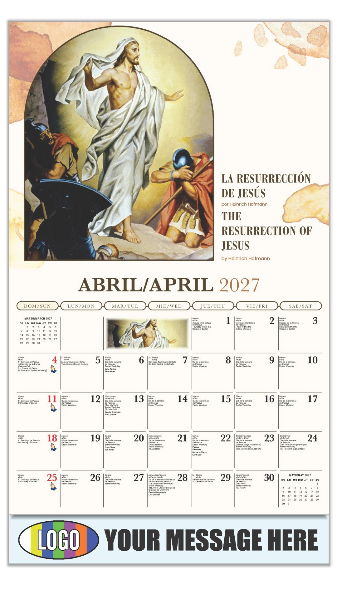 2027 Business Advertising Calendar - Catholic Inspirations bilingual - La Resurrección de Jesús por Heinrich Hofmann - April