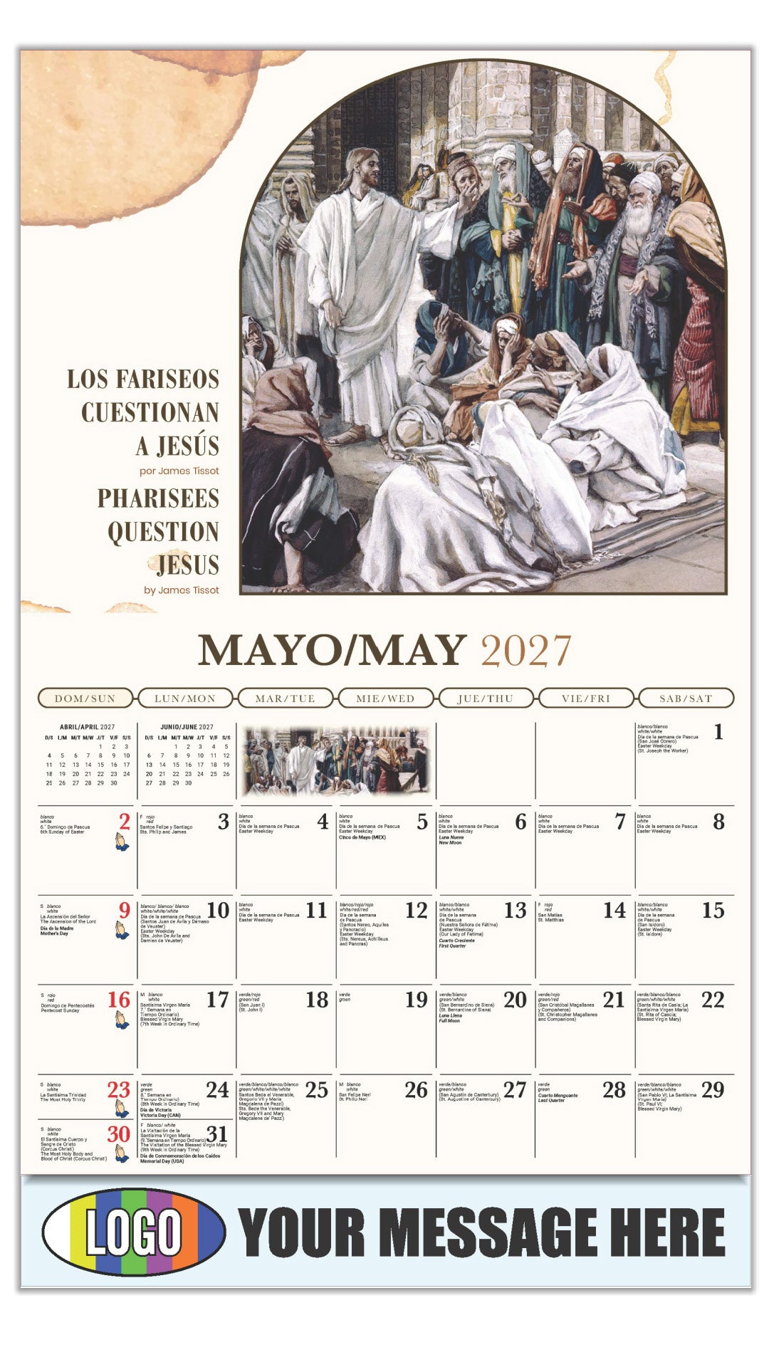 2027 Business Advertising Calendar - Catholic Inspirations bilingual - Los Fariseos Cuestionan a Jesús por James Tissot - May