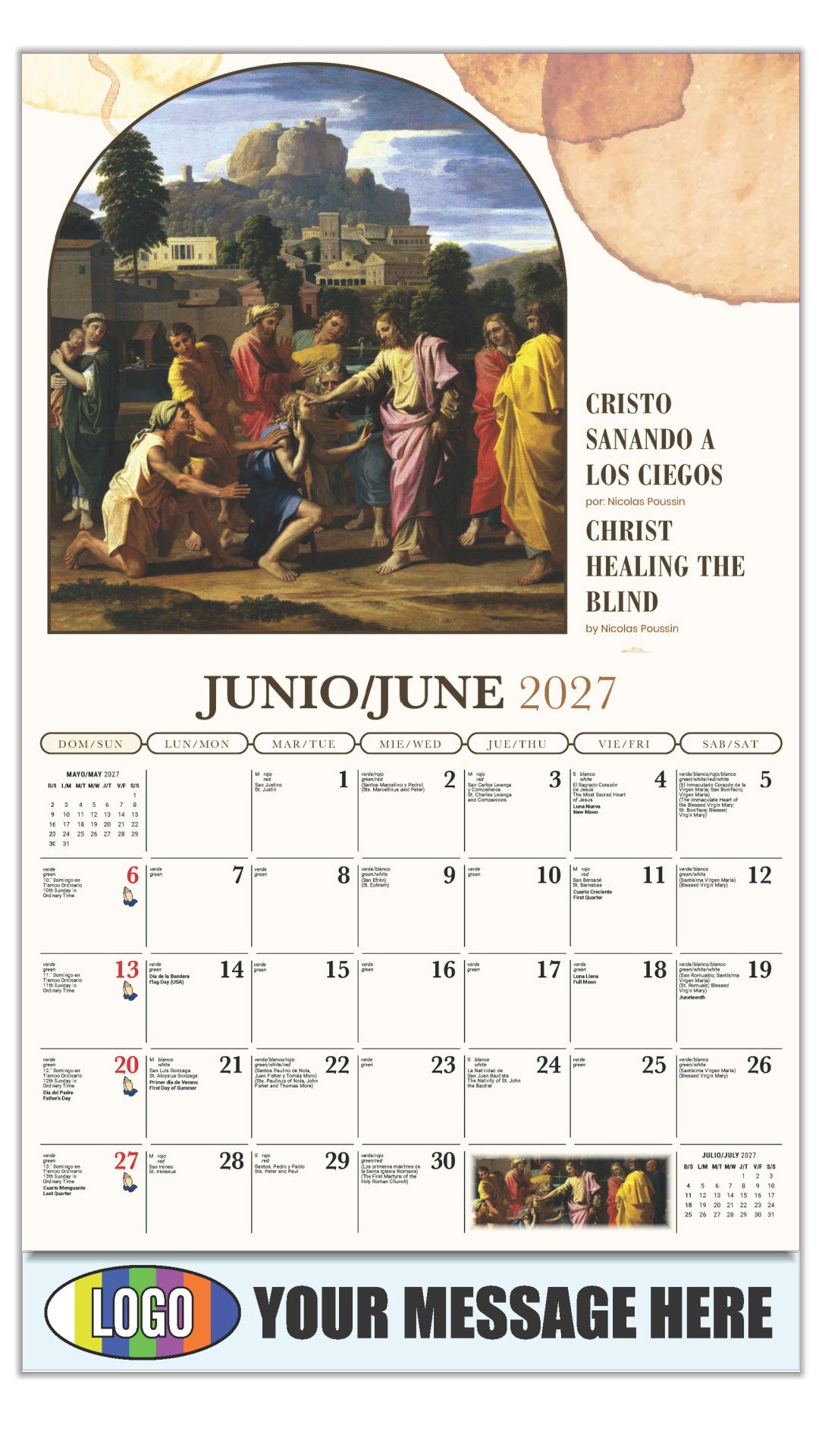 2027 Business Advertising Calendar - Catholic Inspirations bilingual - Cristo Sanando a Los Ciegos por Nicolas Poussin - June