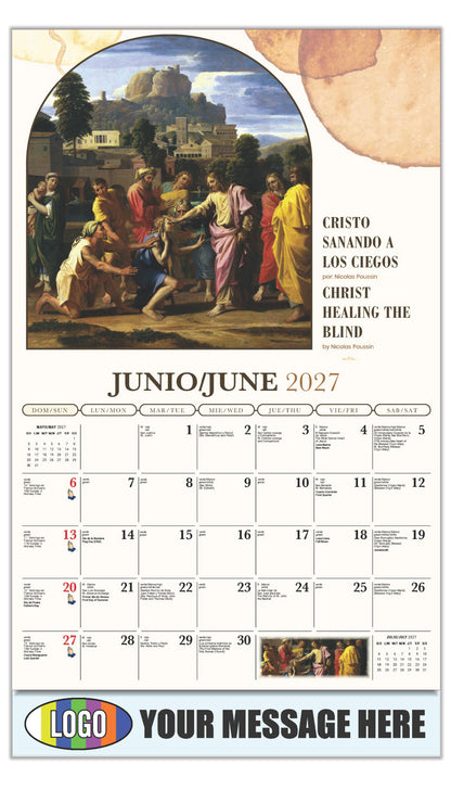 2027 Business Advertising Calendar - Catholic Inspirations bilingual - Cristo Sanando a Los Ciegos por Nicolas Poussin - June