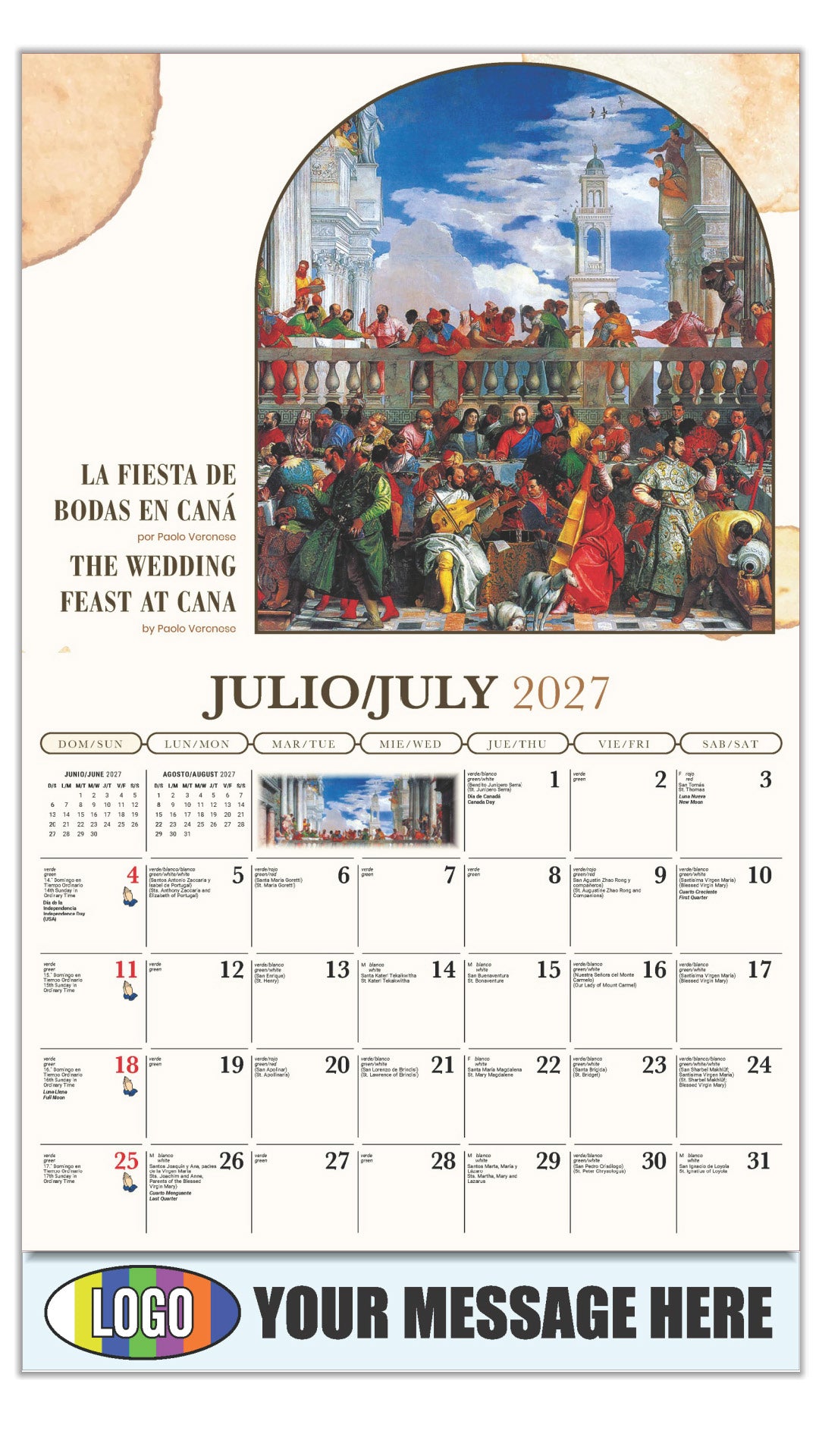 2027 Business Promo Calendar - Catholic Inspirations bilingual - La Fiesta de Bodas en Caná por Paolo Veronese - July