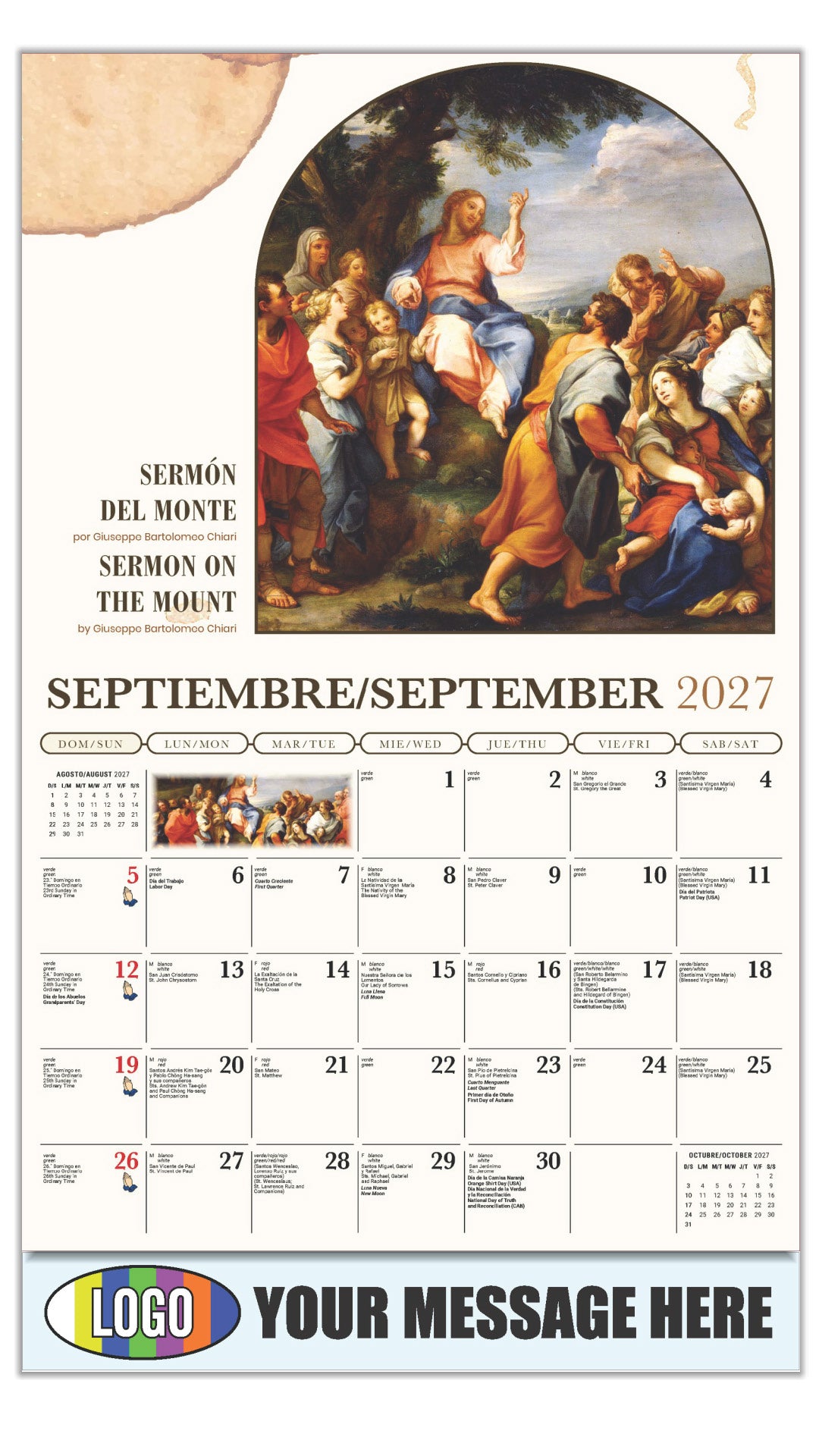 2027 Business Promo Calendar - Catholic Inspirations bilingual - Sermón del Monte de Giuseppe Bartolomeo Chiari - September