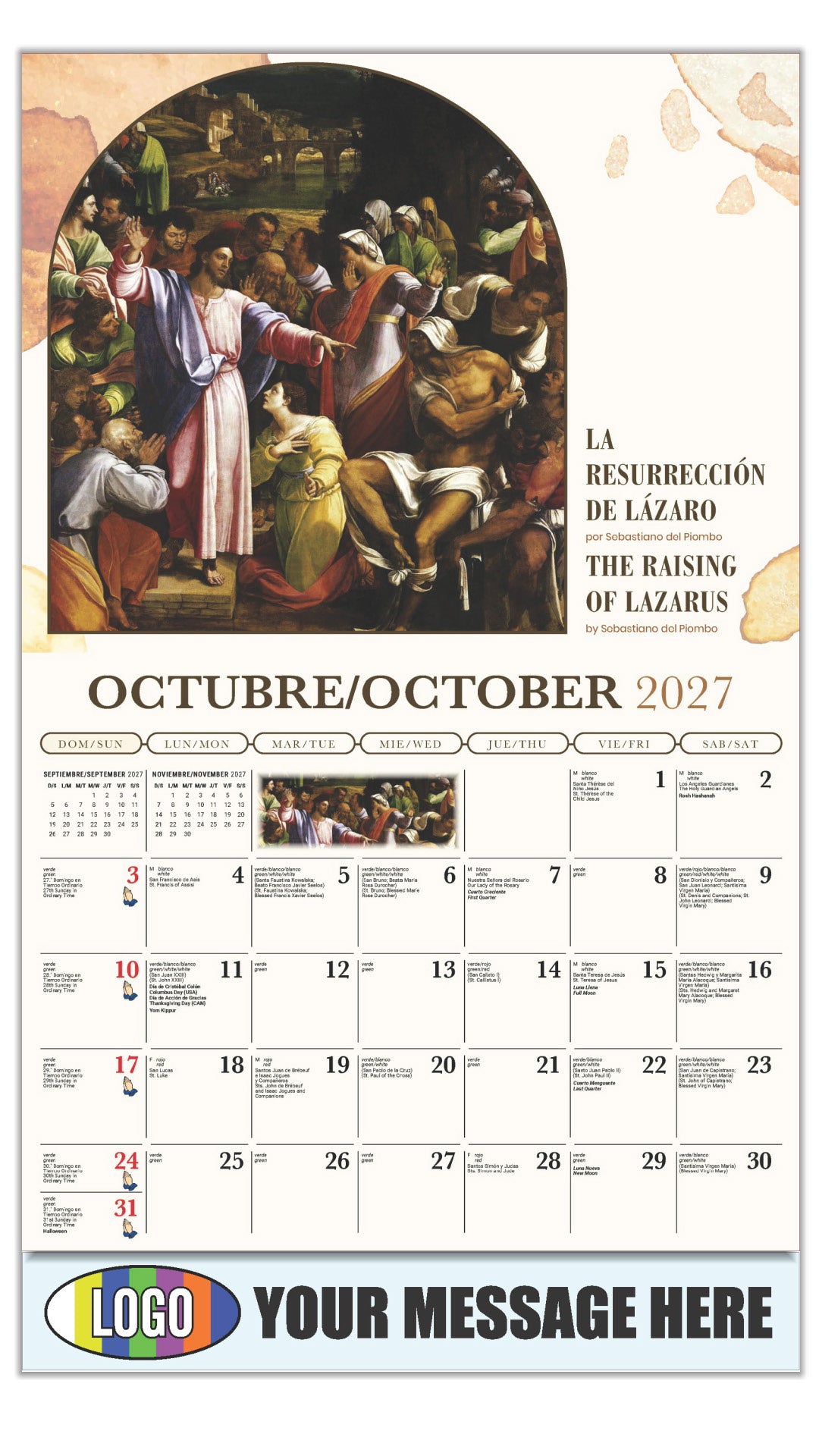 2027 Business Promotion Calendar - Catholic Inspirations bilingual - La Resurrección de Lázaro por Sebastiano del Piombo - October