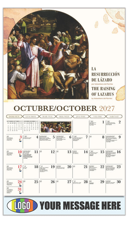 2027 Business Promotion Calendar - Catholic Inspirations bilingual - La Resurrección de Lázaro por Sebastiano del Piombo - October