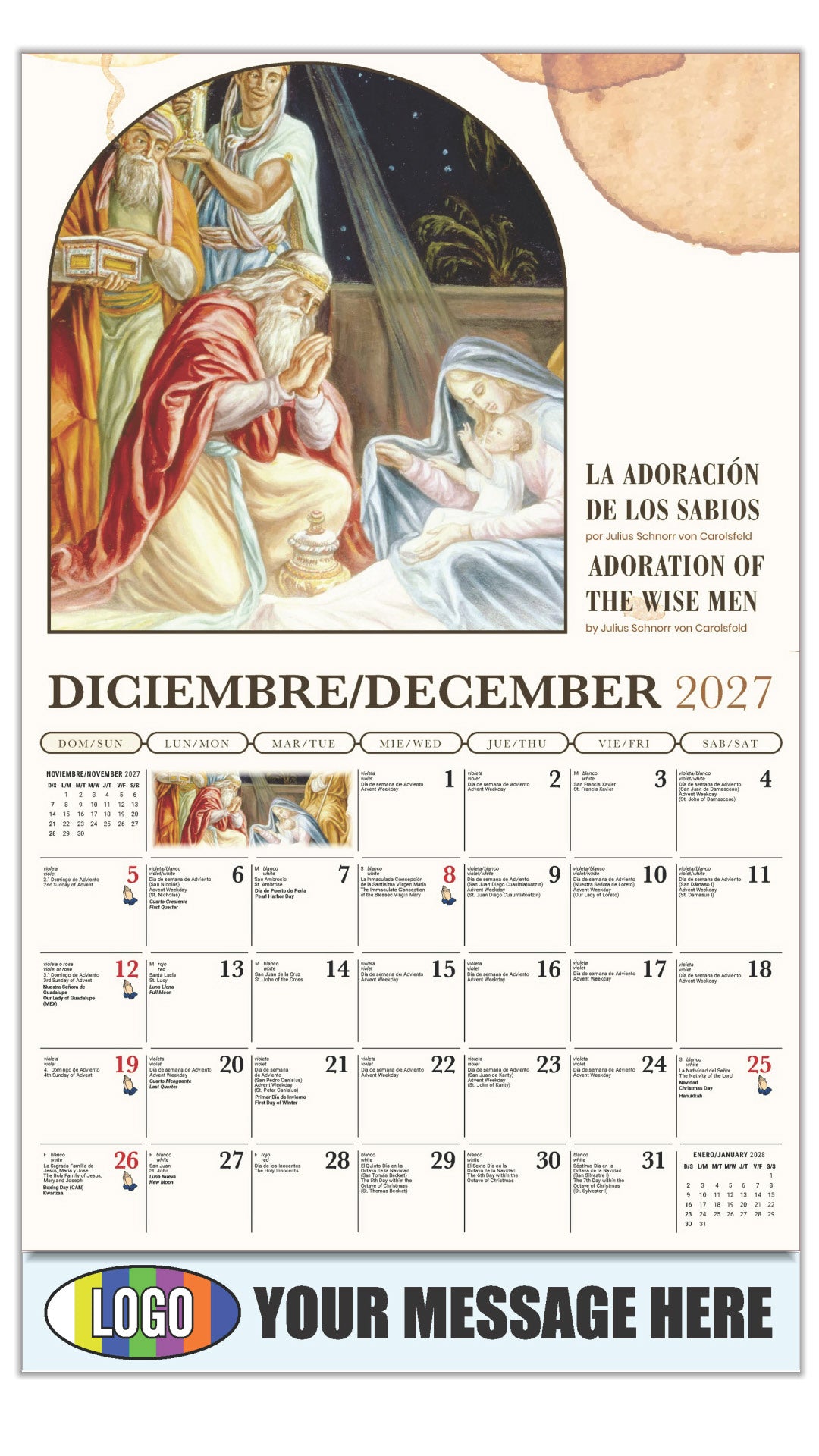 2027 Business Promotion Calendar - Catholic Inspirations bilingual - La Adoración de Los Sabios por Julius Schnorr von Carolsfeld - December