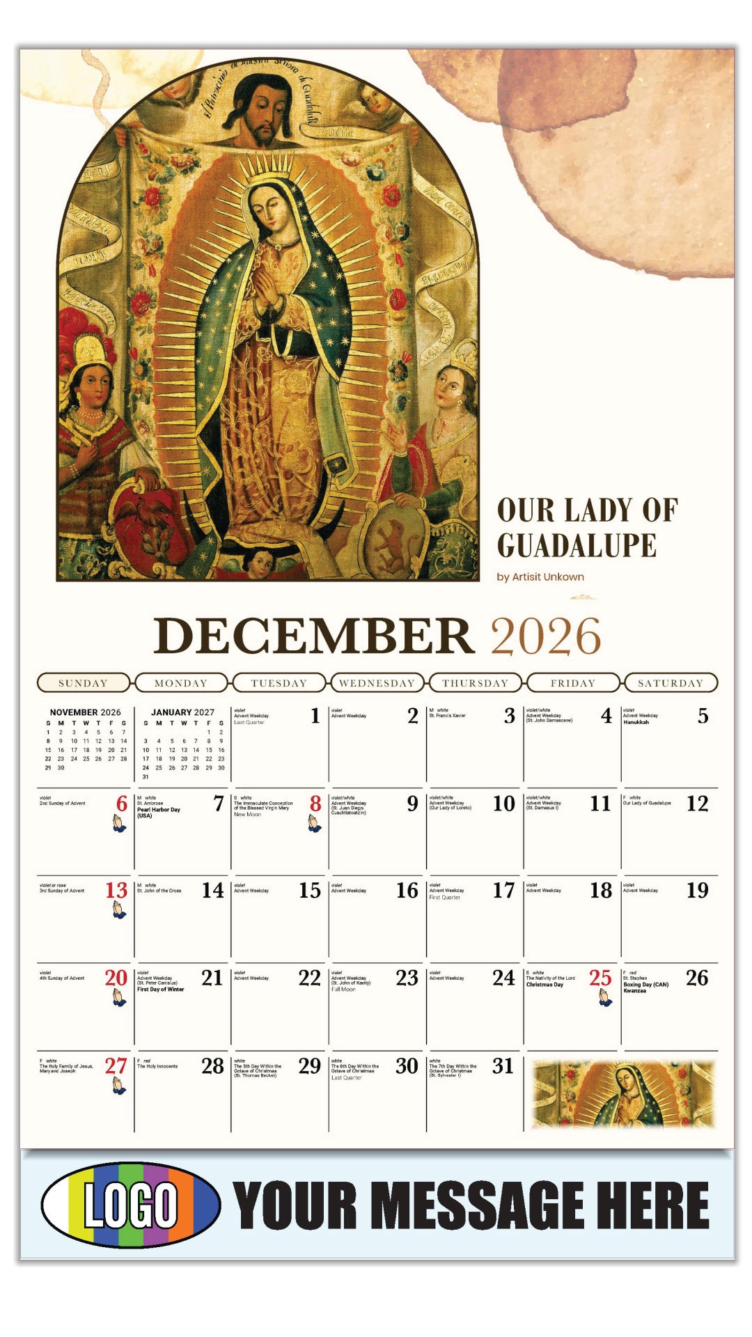 2027 Business Promotional Calendar - Catholic Inspirations - Our Lady of Guadalupe by Artist Unknown - December_a