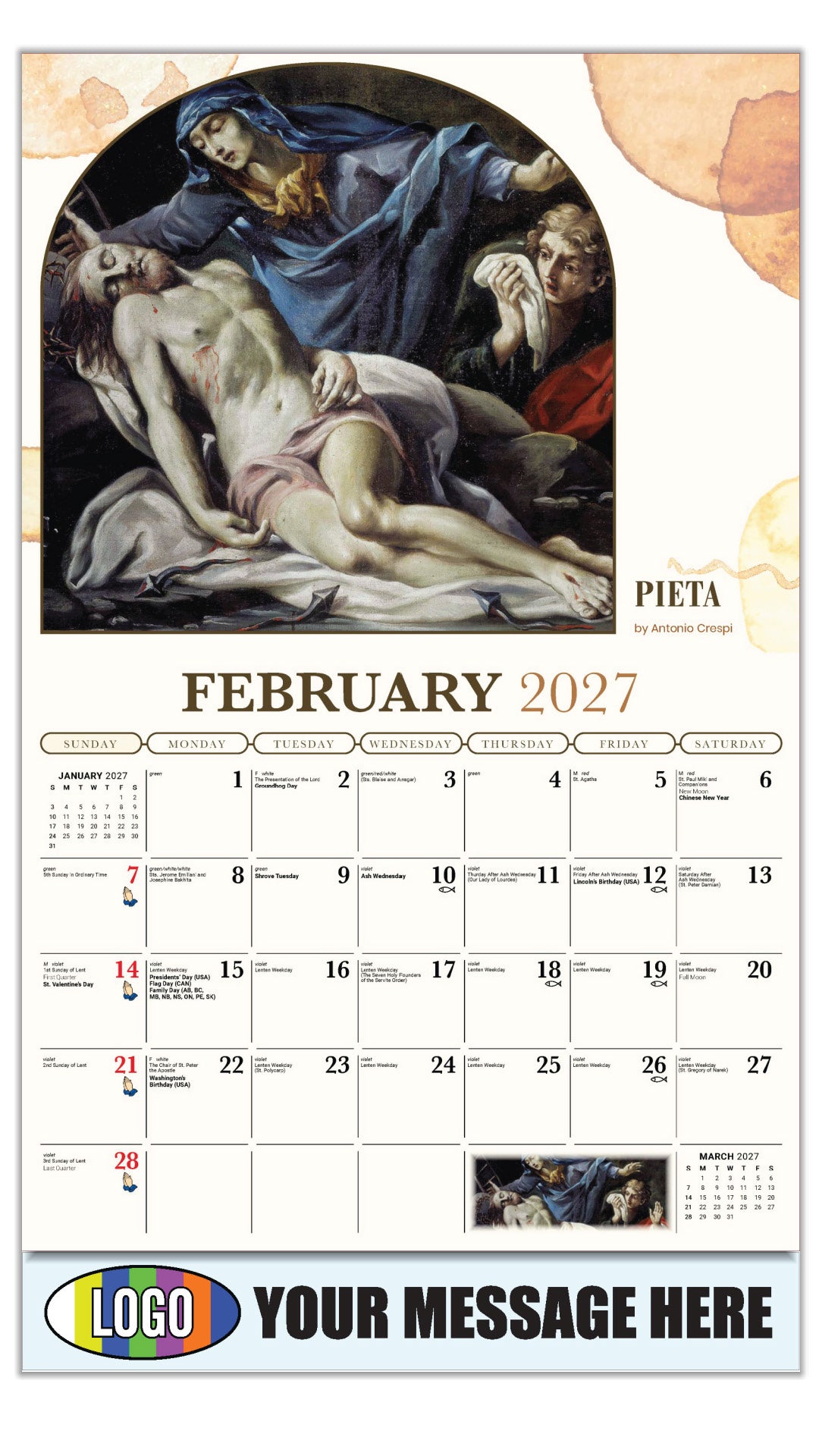 2027 Business Promotional Calendar - Catholic Inspirations - Pietà by Antonio Crespi - February