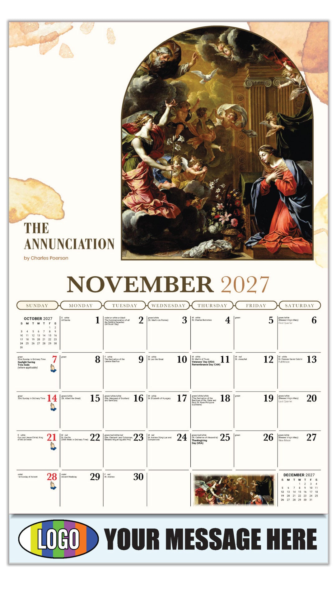 2027 Business Promotion Calendar - Catholic Inspirations - The Annunciation by Charles Poerson - November