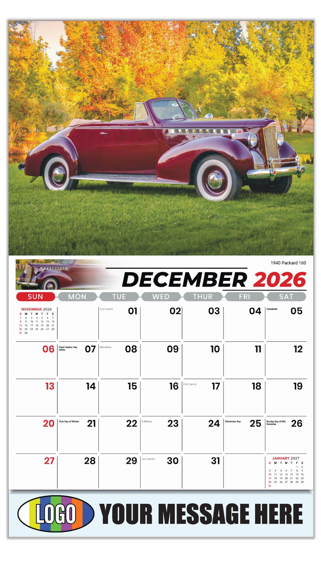 2027 Business Promotional Calendar - Classic Cars - 1940 Packard 160 - December_a