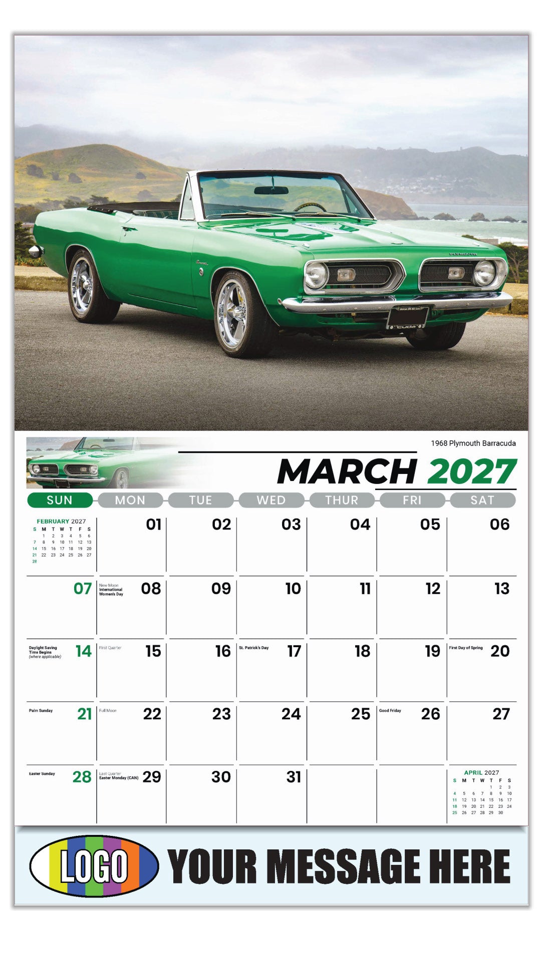 2027 Business Promotional Calendar - Classic Cars - 1968 Plymouth Barracuda - March