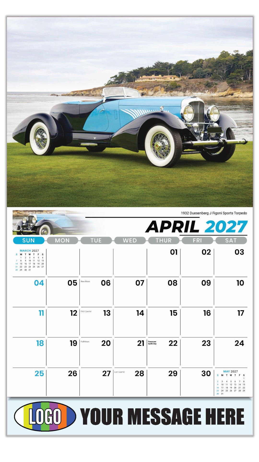 2027 Business Advertising Calendar - Classic Cars - 1932 Duesenberg J Figoni
Sports Torpedo - April