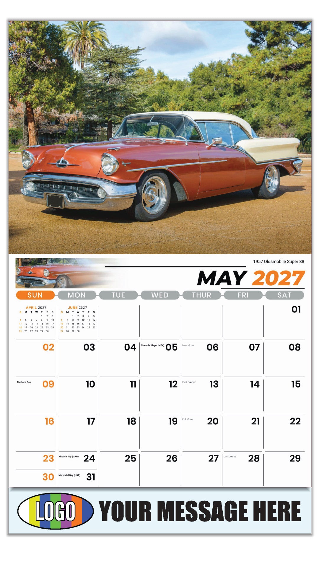2027 Business Advertising Calendar - Classic Cars - 1957 Oldsmobile Super 88 - May
