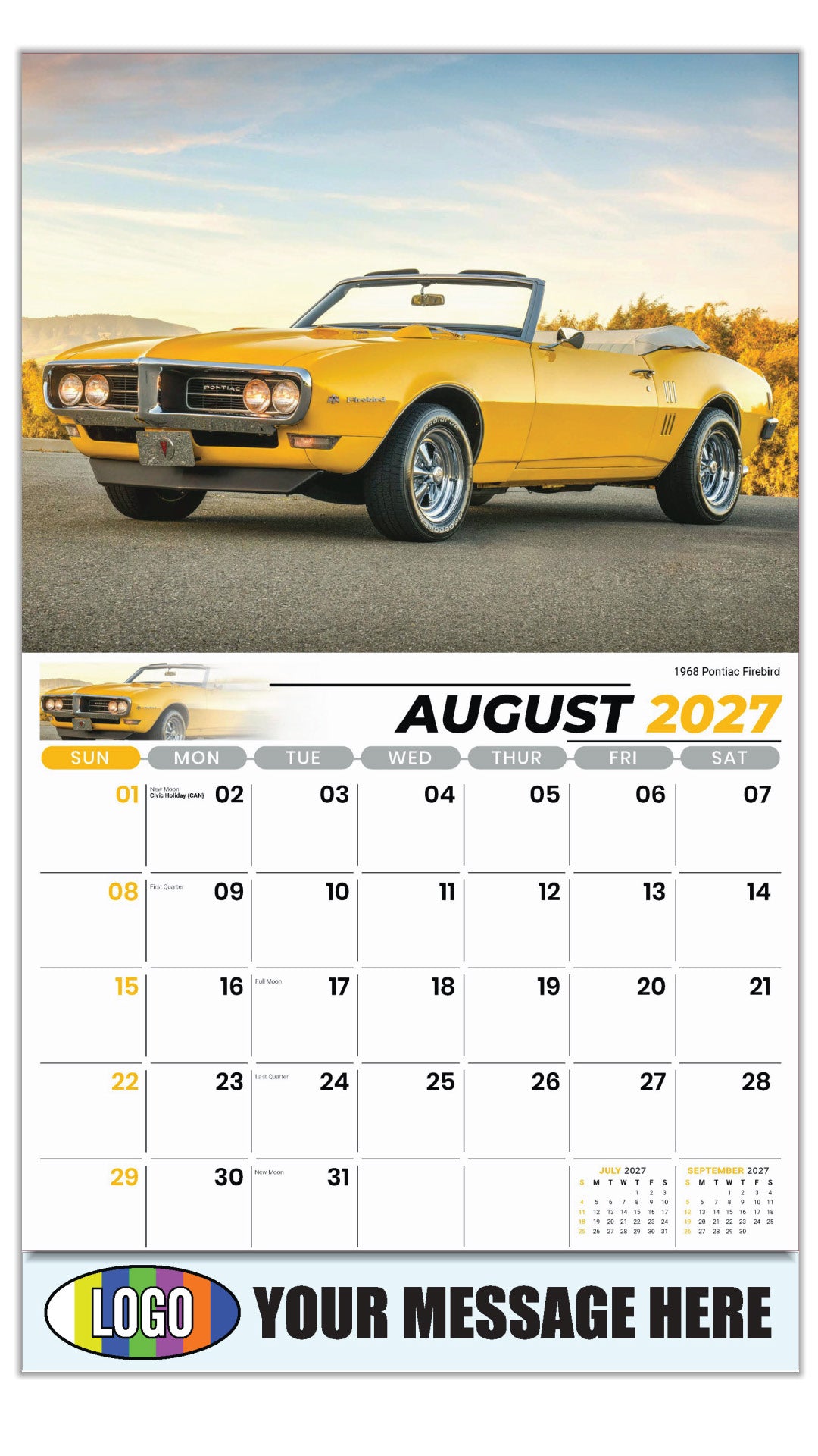 2027 Business Promo Calendar - Classic Cars - 1968 Pontiac Firebird - August