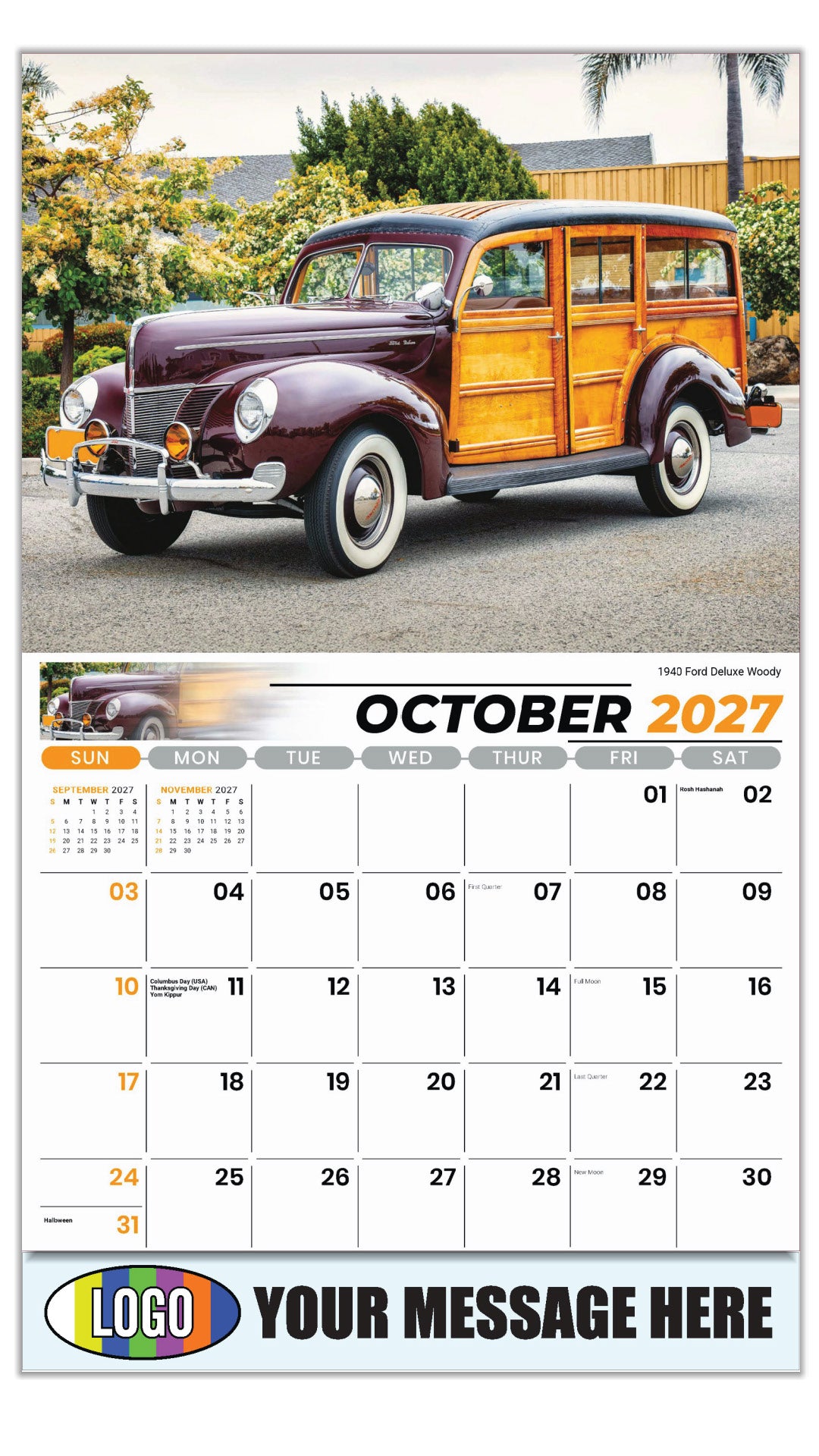 2027 Business Promotion Calendar - Classic Cars - 1940 Ford Deluxe Woody - October