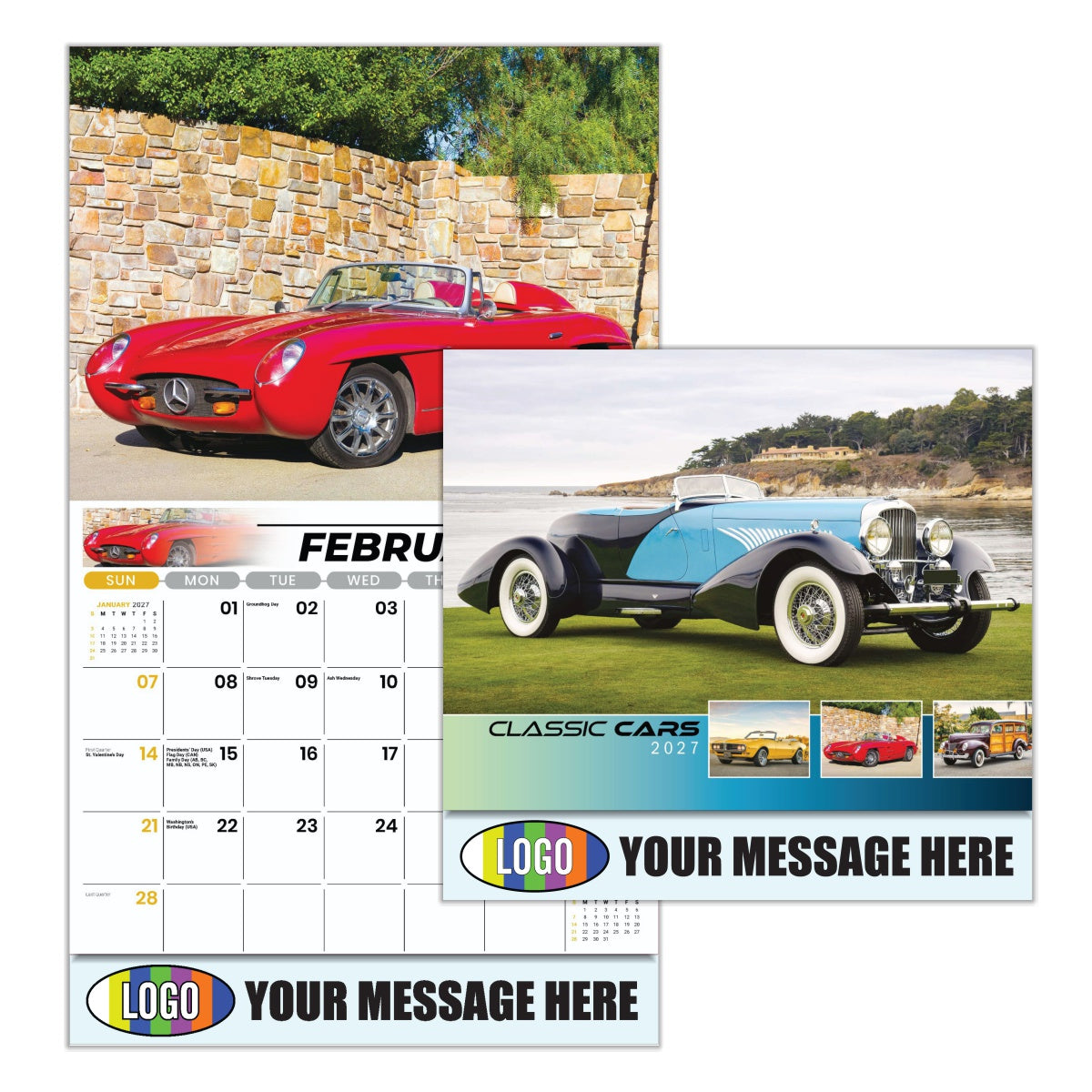 Calendar with classic car images and customizable text area on a white background