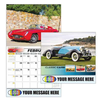 Calendar with classic car images and customizable text area on a white background