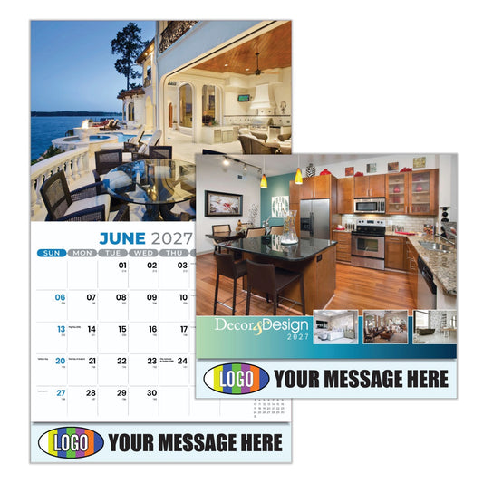 Calendar for 2027 with home interior design images and customizable text area.