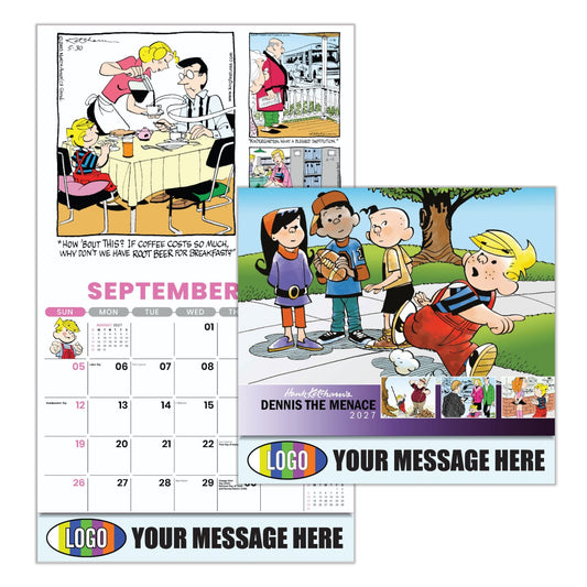 Calendars featuring comic strip characters with promotional text space.