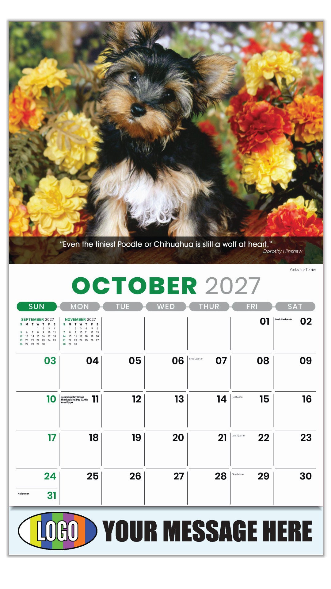 2027 Business Promotion Calendar - Dogs - October - Yorkshire Terrier 