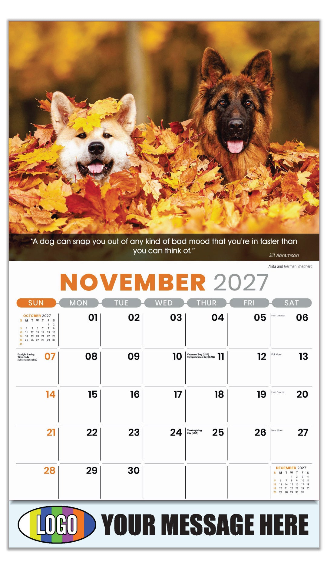 2027 Business Promotion Calendar - Dogs - November - Akita and German Shepherd